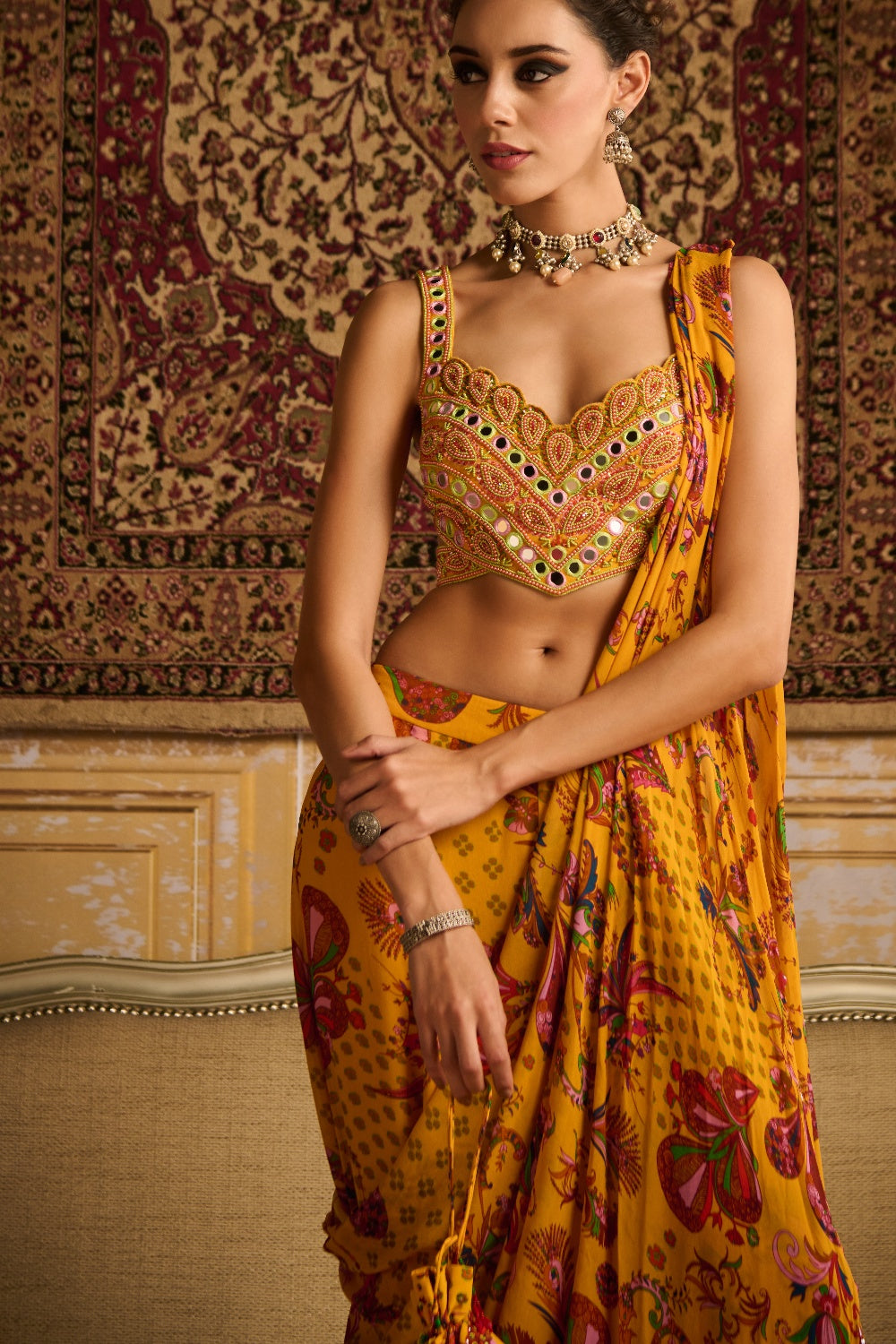 Yellow Embroidered Blouse And Sharara Saree Set