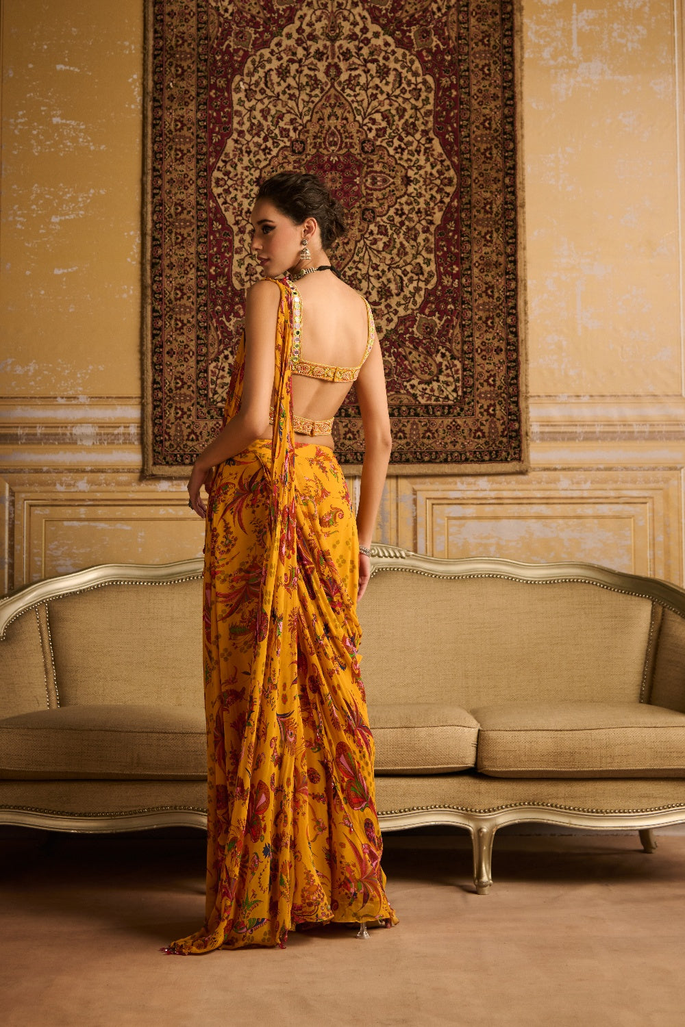 Yellow Embroidered Blouse And Sharara Saree Set