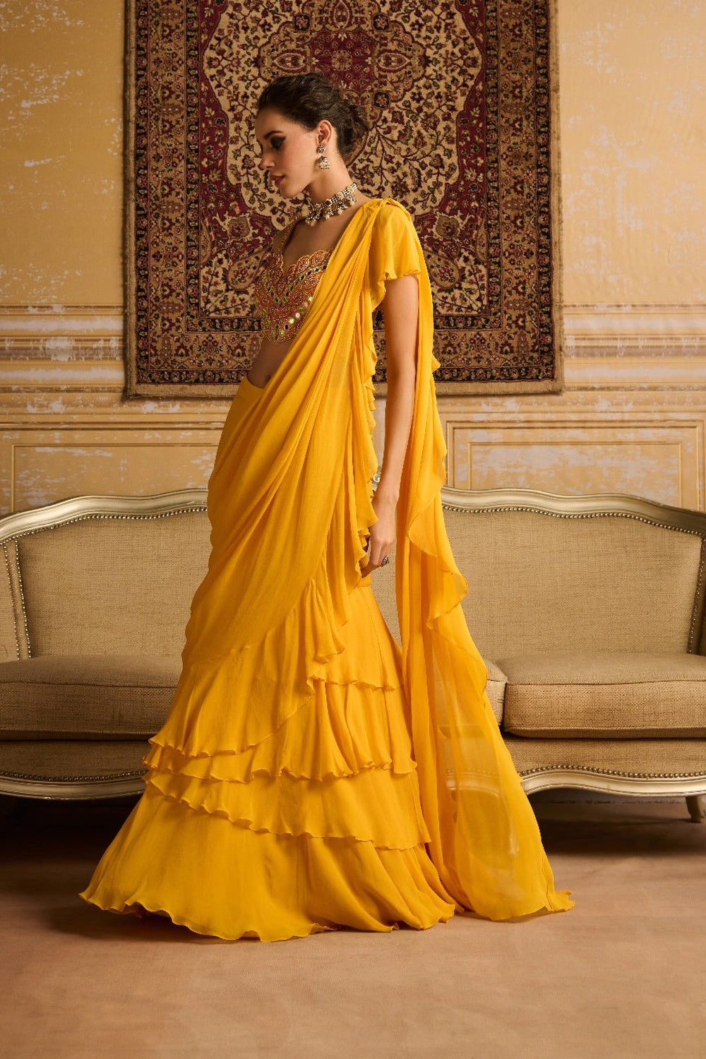 Yellow Embroidered Blouse And Skirt Saree Set