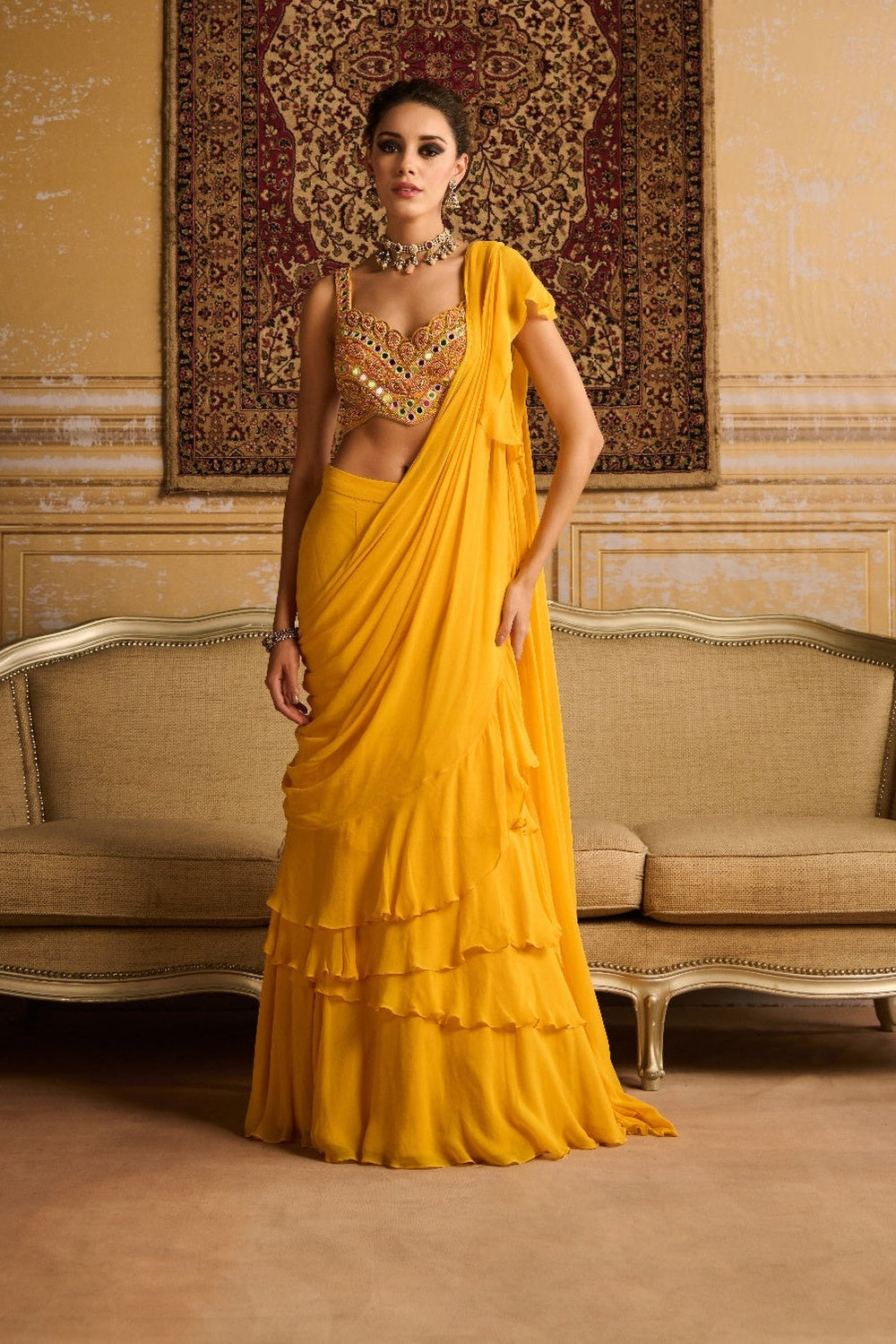 Yellow Embroidered Blouse And Skirt Saree Set