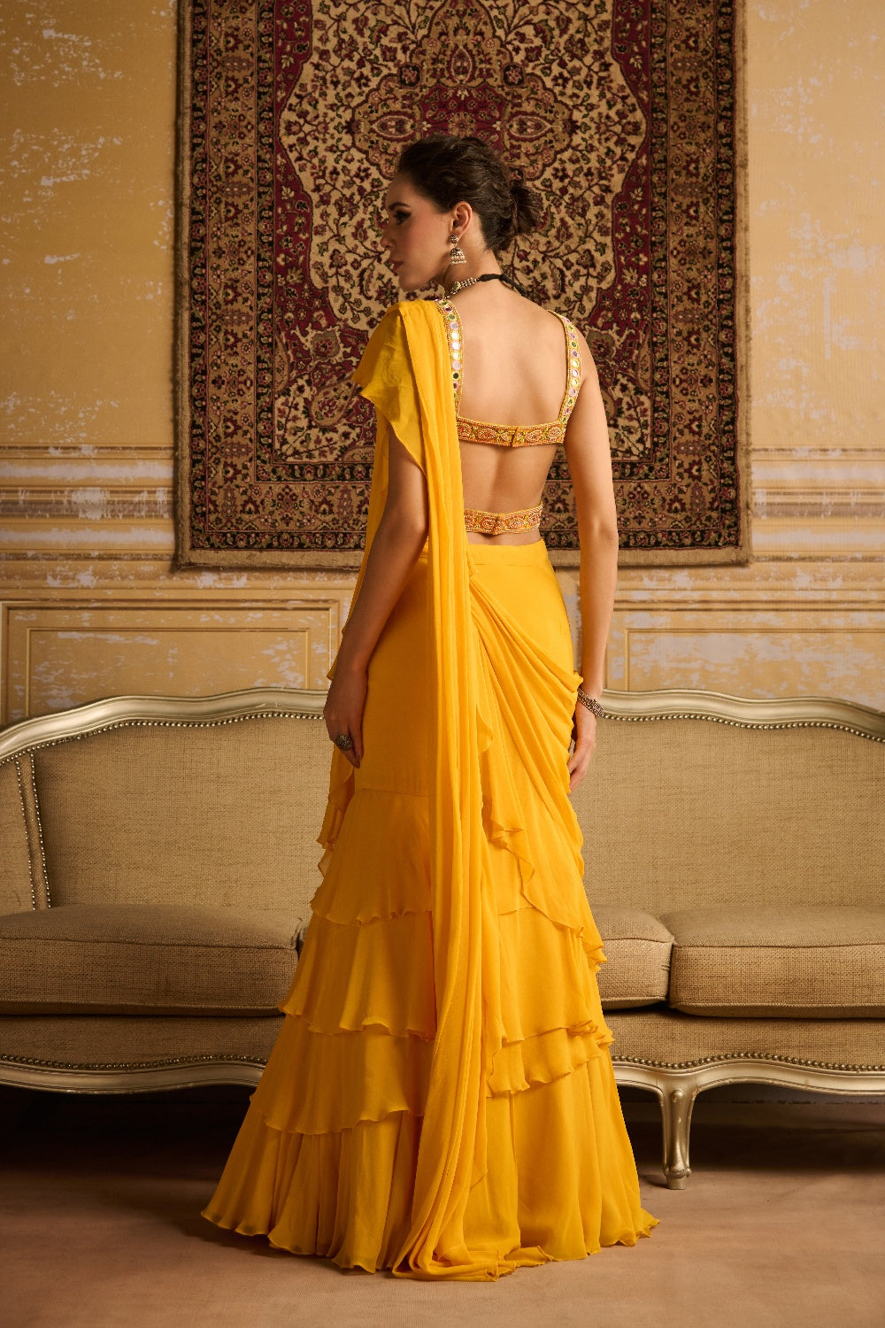 Yellow Embroidered Blouse And Skirt Saree Set