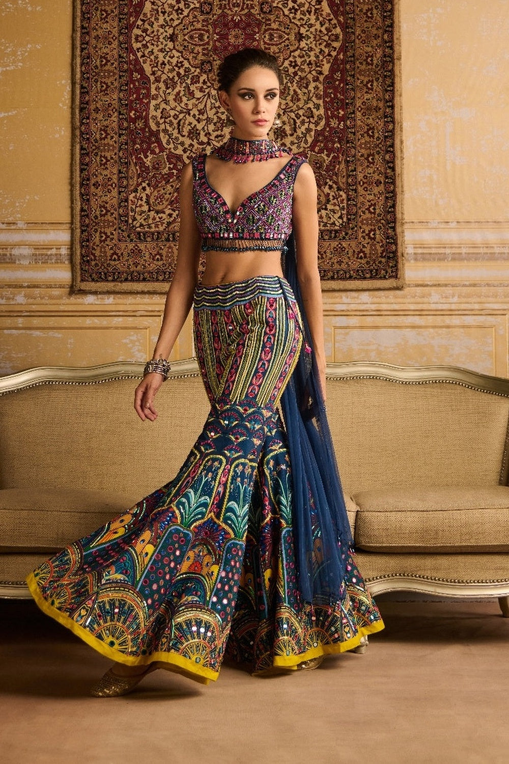 Teal Embroidered Blouse And Sharara Set