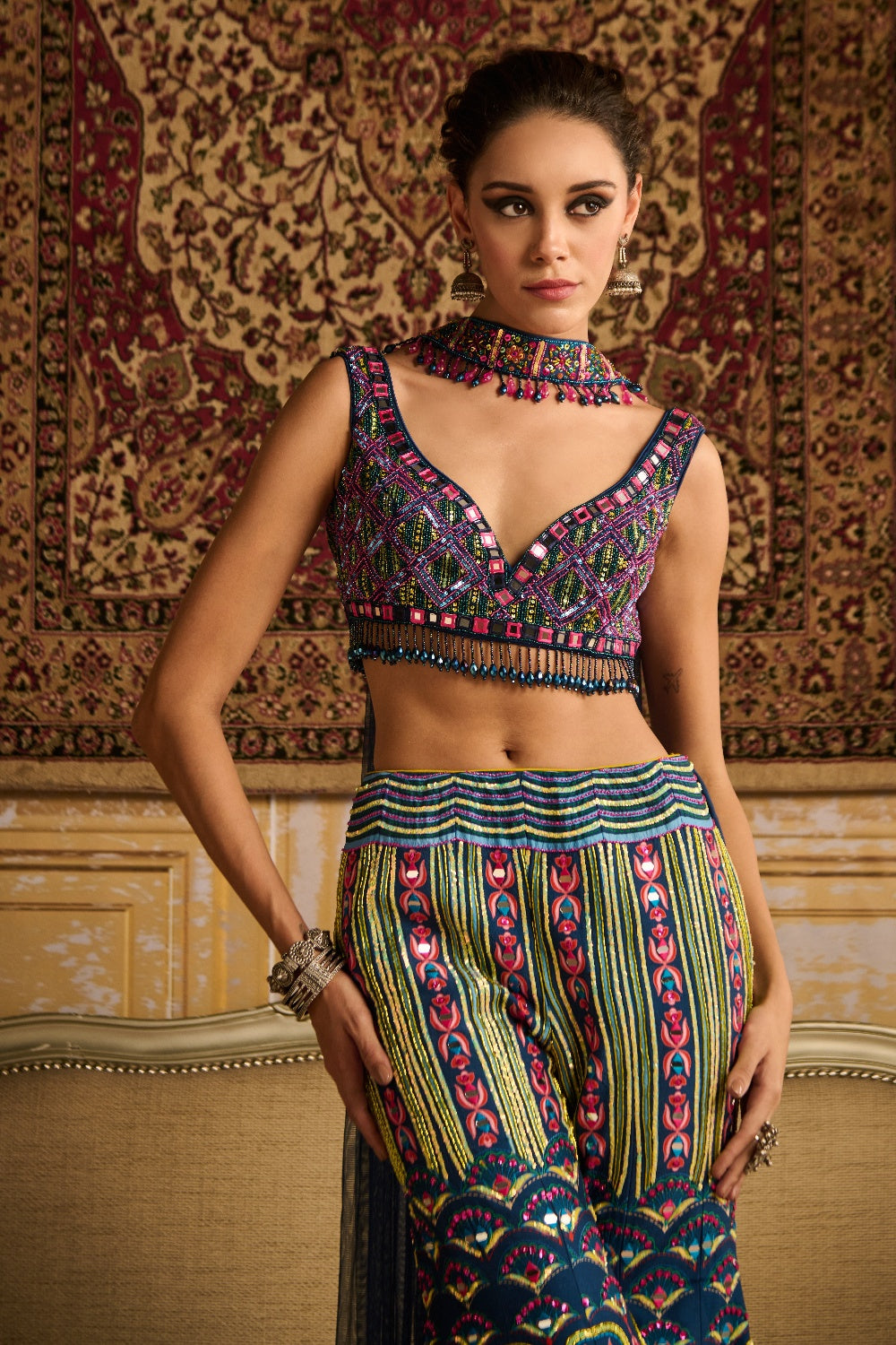 Teal Embroidered Blouse And Sharara Set