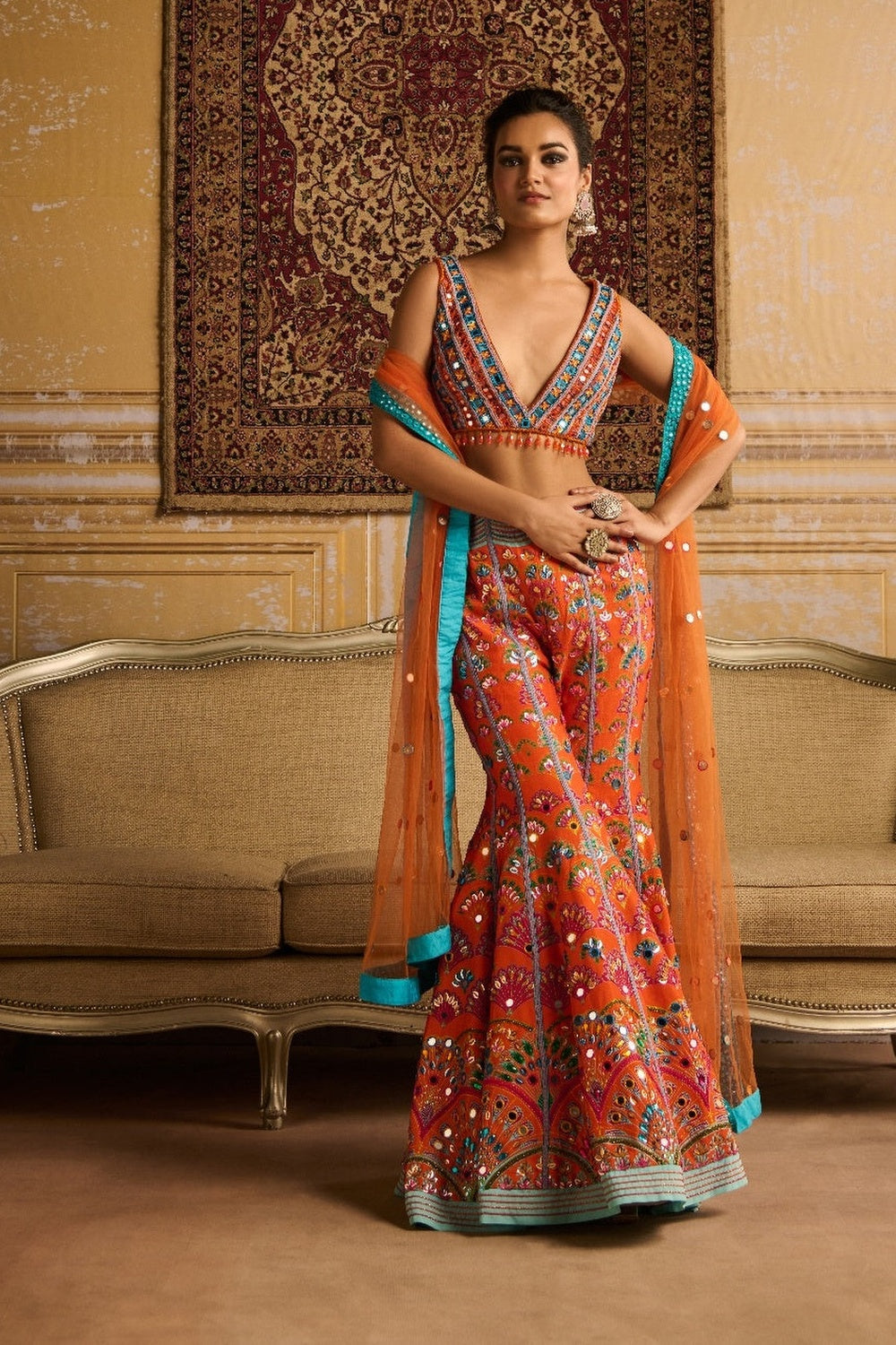 Orange Embroidered Blouse And Sharara Set
