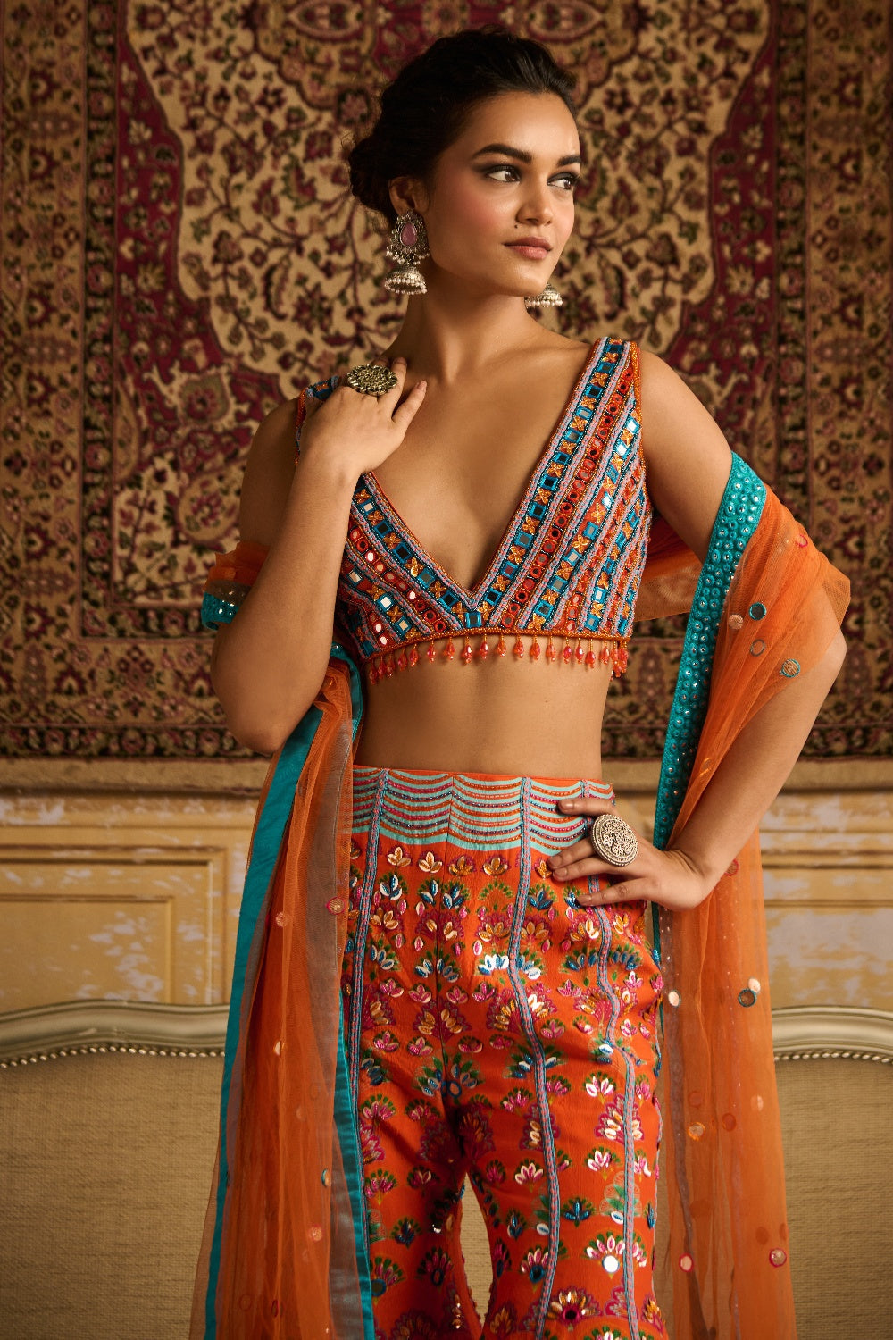 Orange Embroidered Blouse And Sharara Set