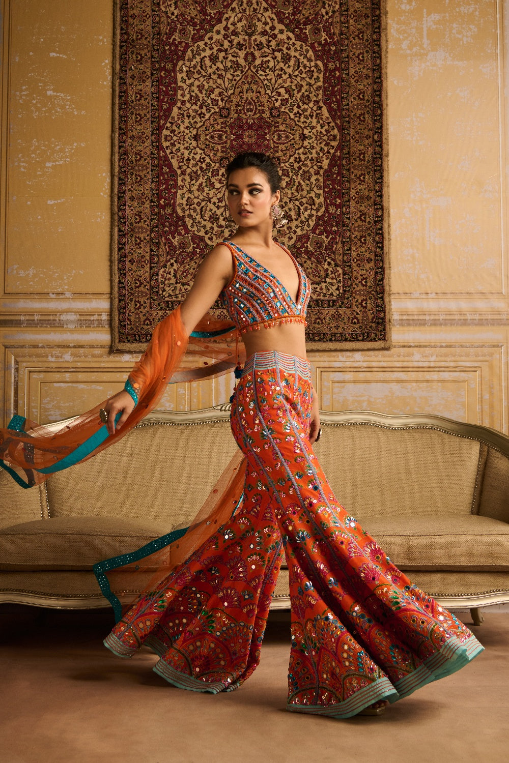 Orange Embroidered Blouse And Sharara Set