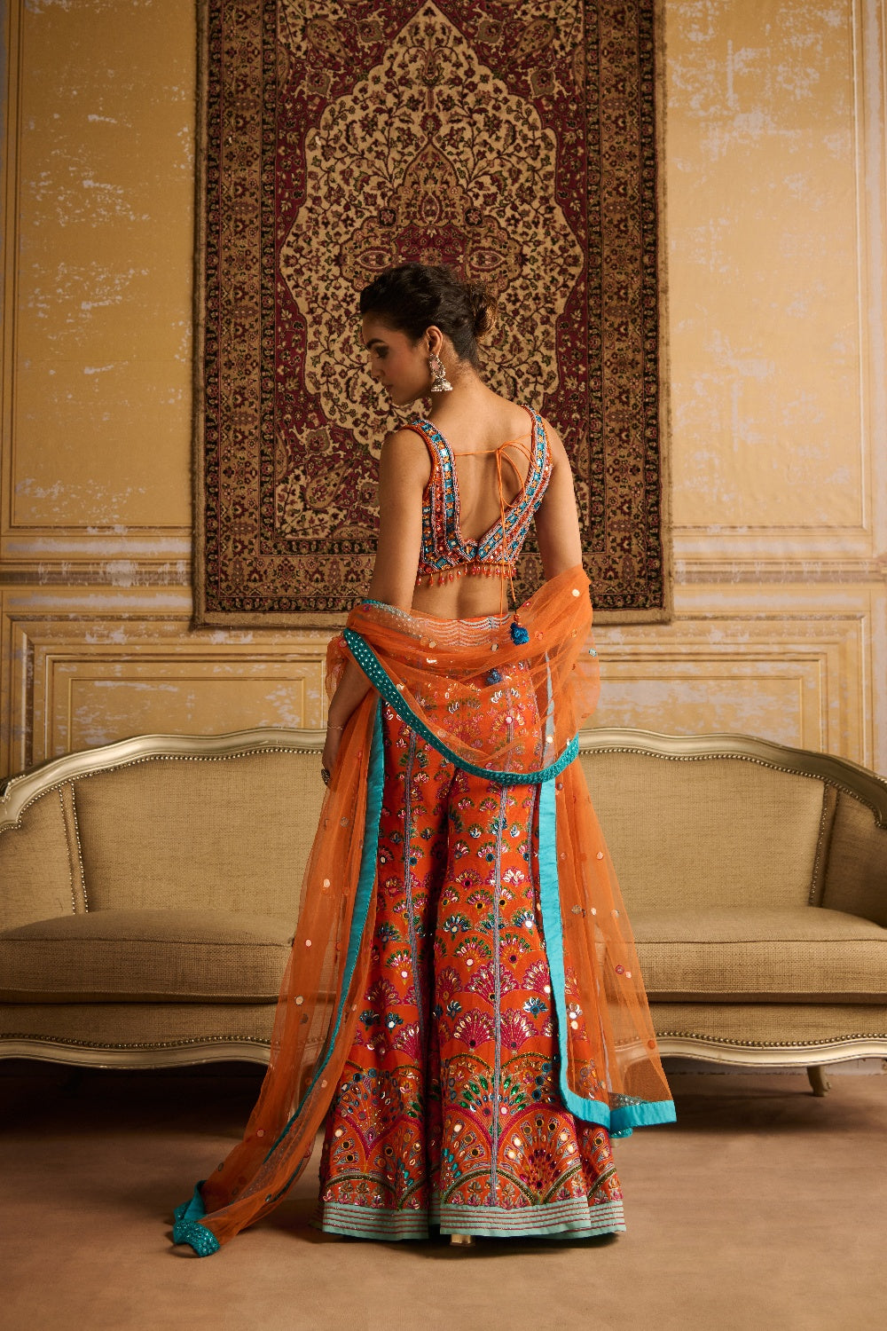 Orange Embroidered Blouse And Sharara Set