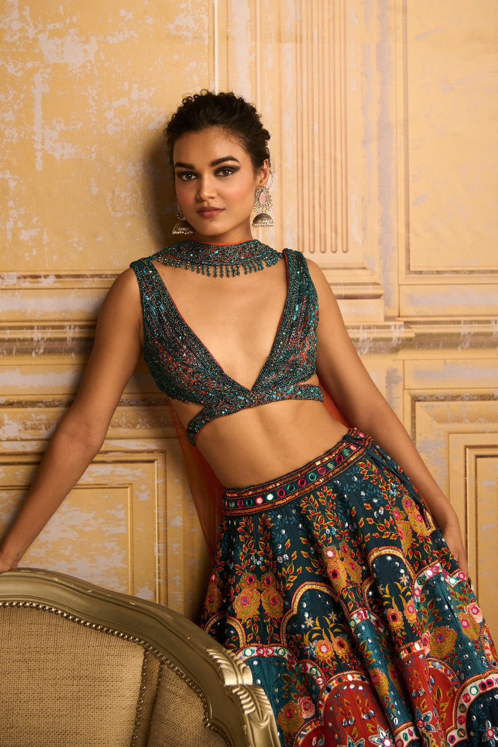 Teal Embroidered Blouse And Lehenga Set