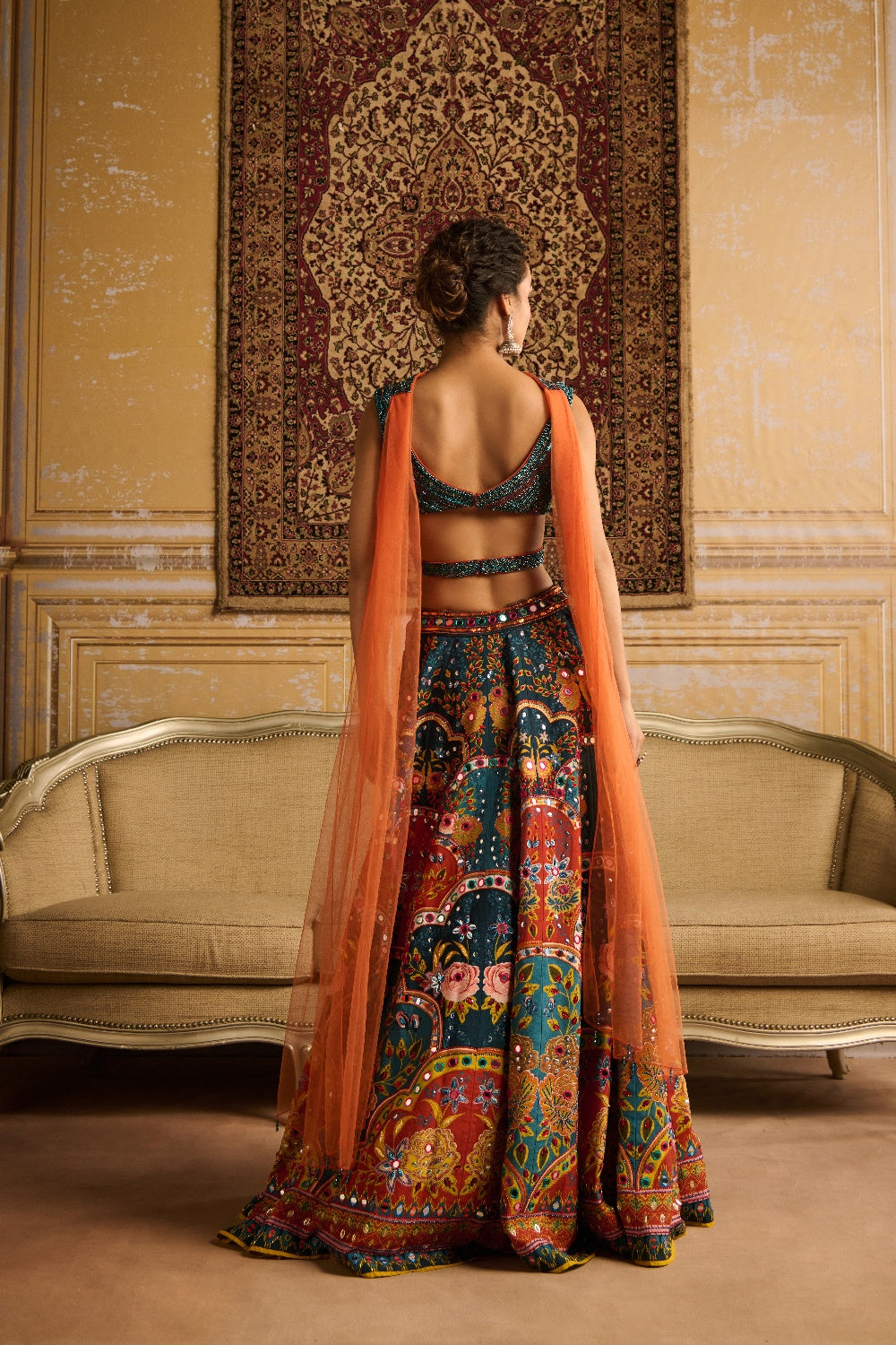 Teal Embroidered Blouse And Lehenga Set