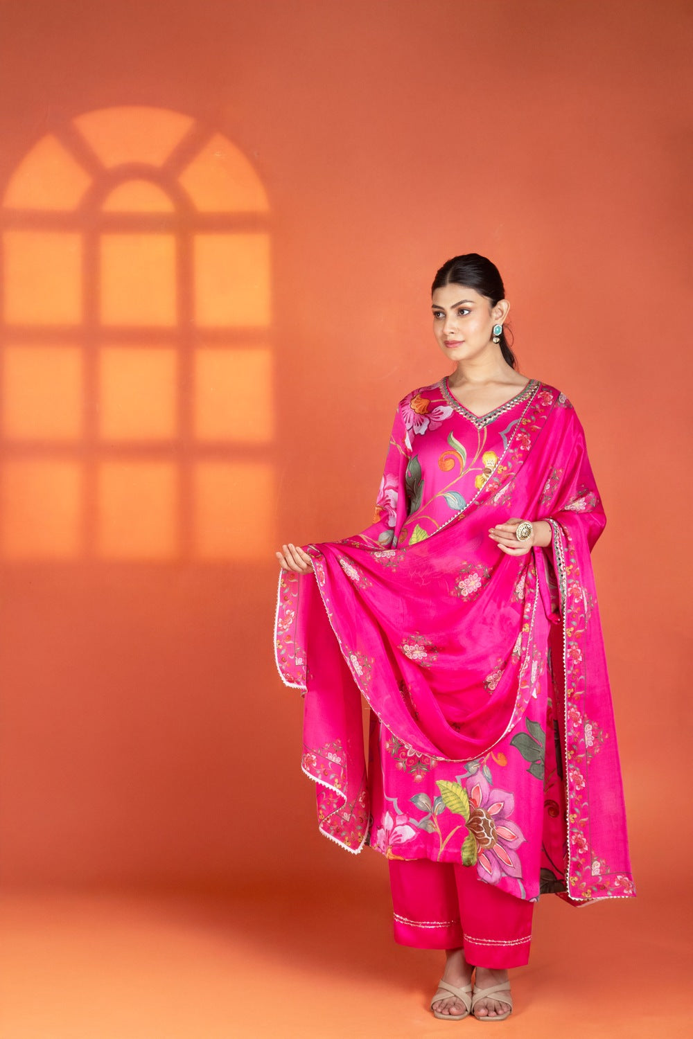 Fushia Floral Printed Kurta with Pants & Dupatta