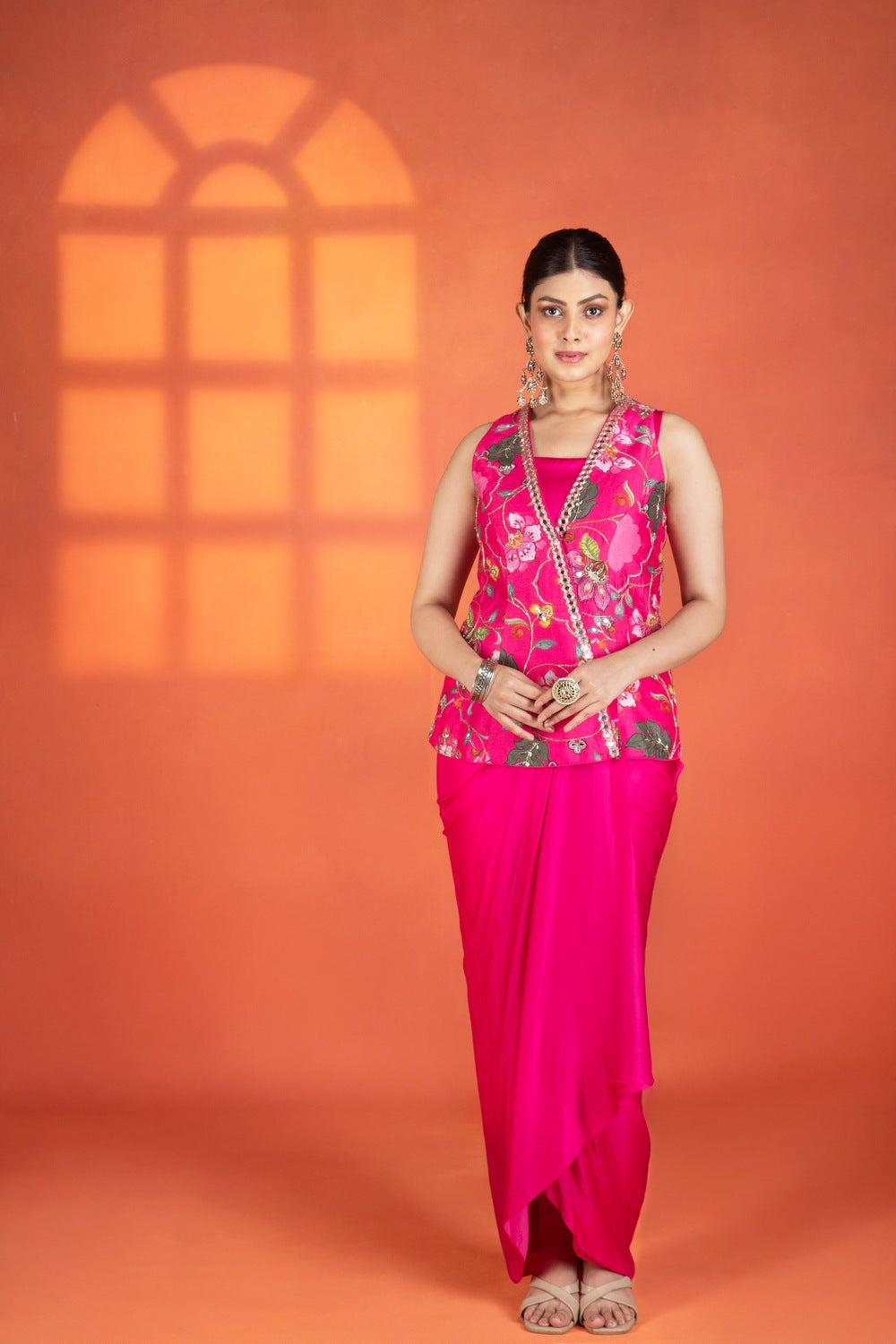 Fuchsia Floral Printed Hand-Embroidered Jacket Styled with Inner & Flowy Drape Skirt