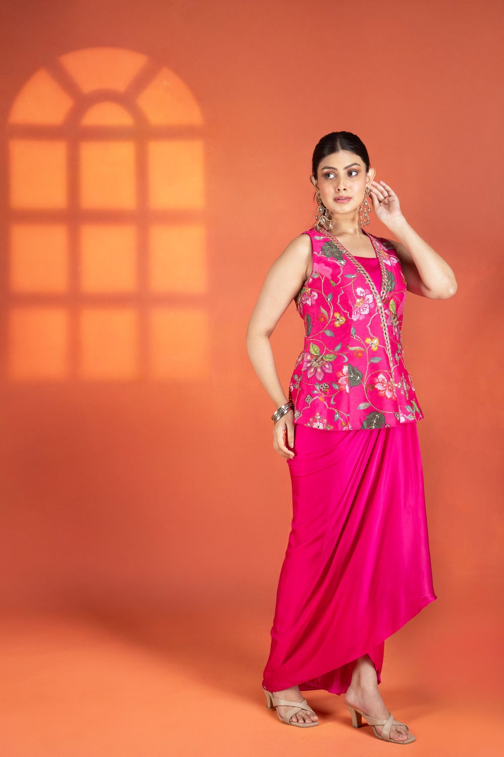 Fuchsia Floral Printed Hand-Embroidered Jacket Styled with Inner & Flowy Drape Skirt