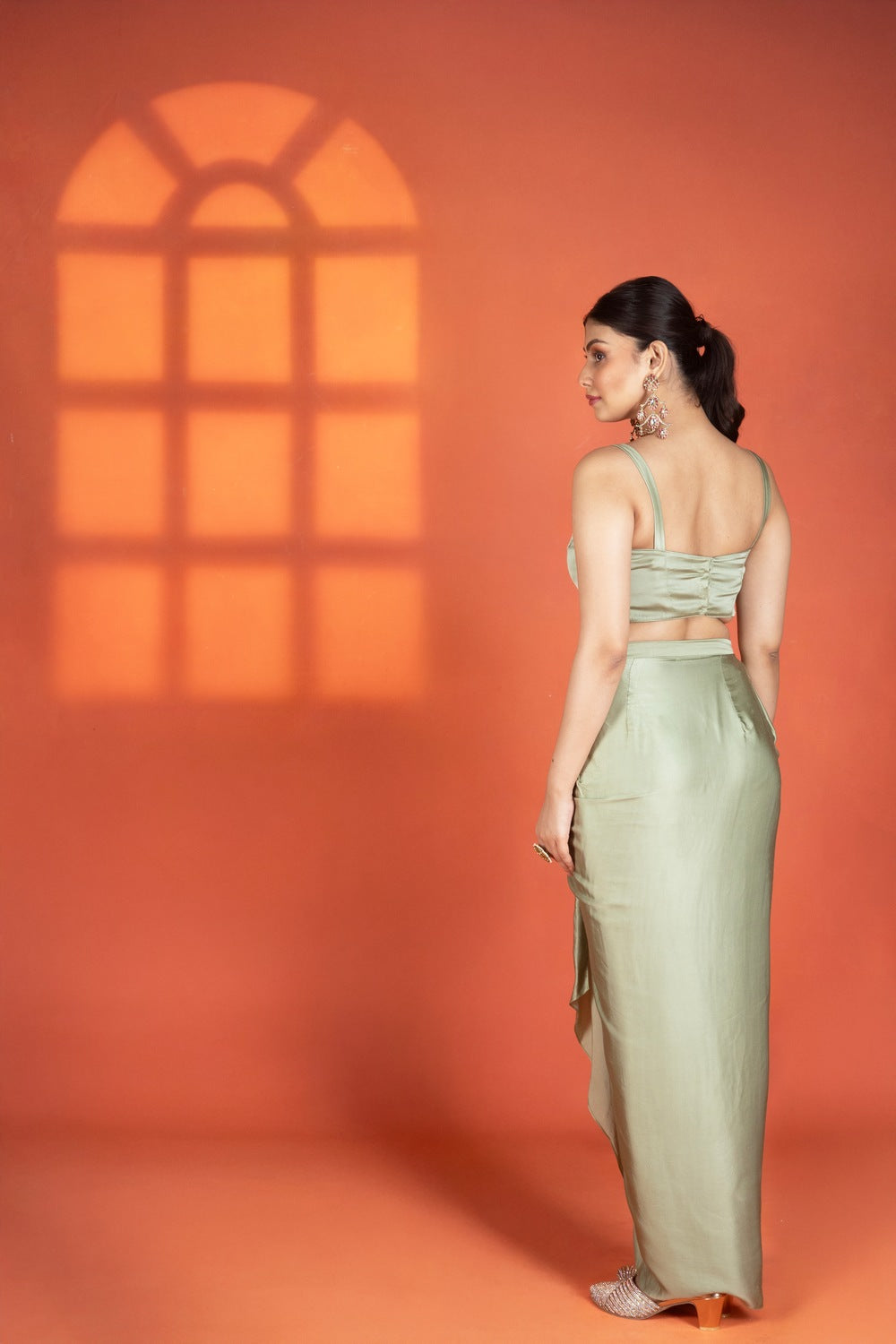 Green Floral Printed Hand-Embroidered Jacket Styled with Inner & Flowy Drape Skirt