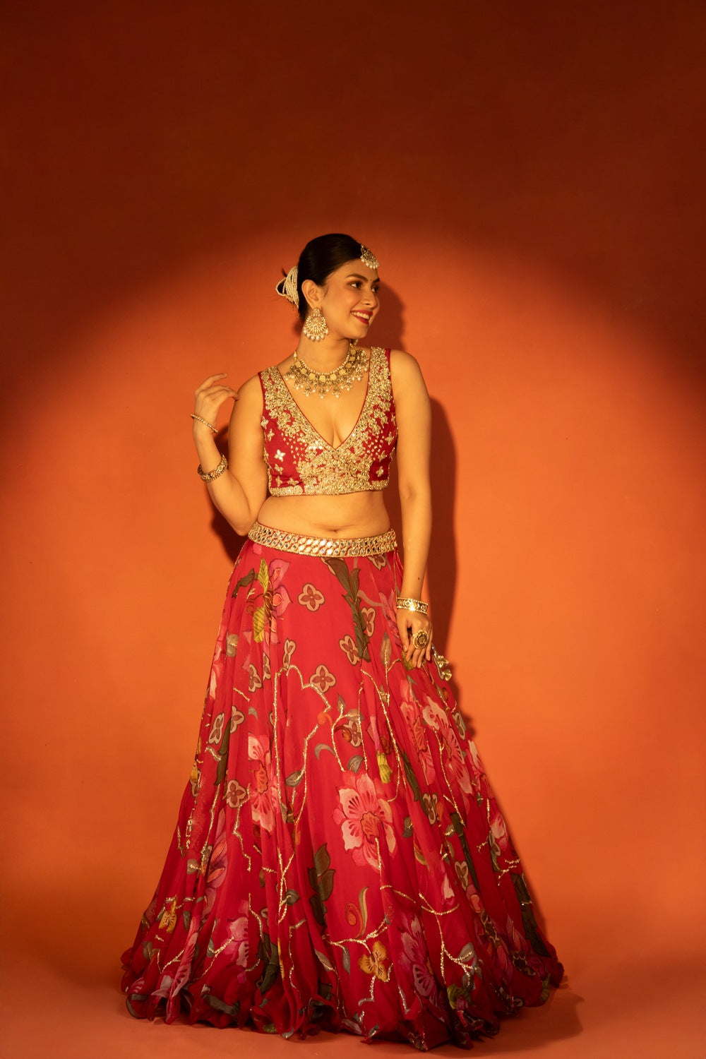 Red floral lehenga with mirror-work blouse and placement dupatta