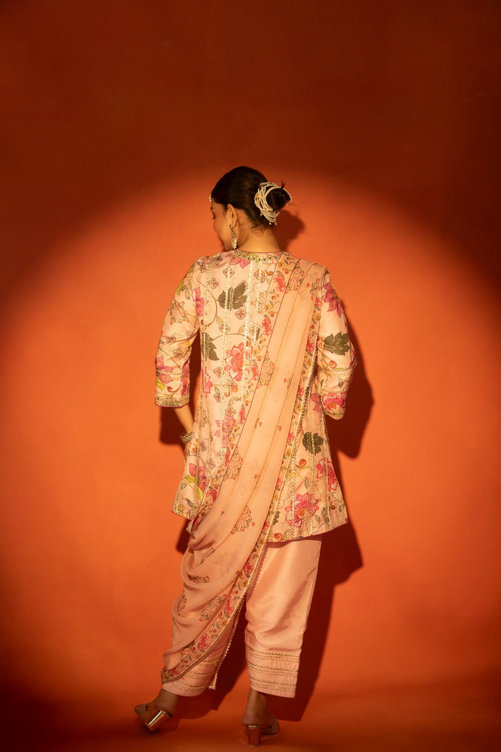 Pink Floral Printed Embroidered Angrakha with Solid Pants & Dupatta