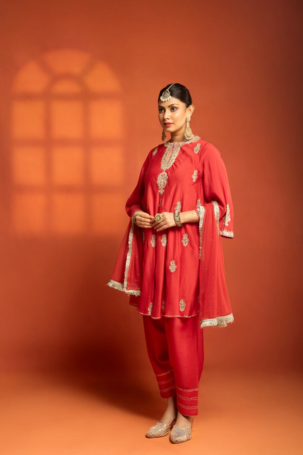 Red Short Flared Kurta with Embroidery, Paired with Salwar Pants & Dupatta
