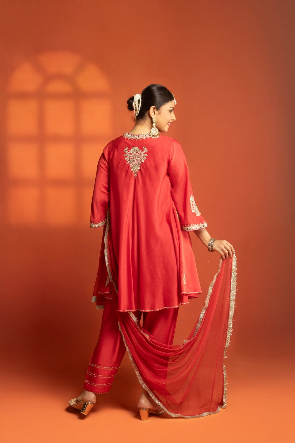 Red Short Flared Kurta with Embroidery, Paired with Salwar Pants & Dupatta