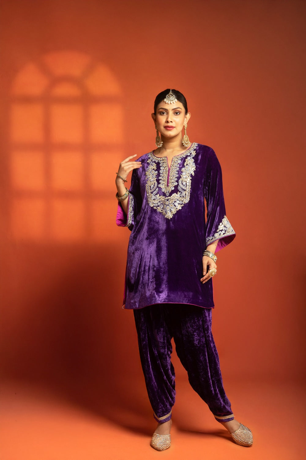 Purple Embroidered Short Kurta with Dhoti Salwar & Printed Dupatta