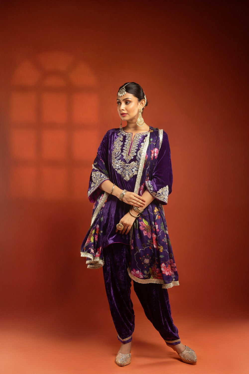 Purple Embroidered Short Kurta with Dhoti Salwar & Printed Dupatta