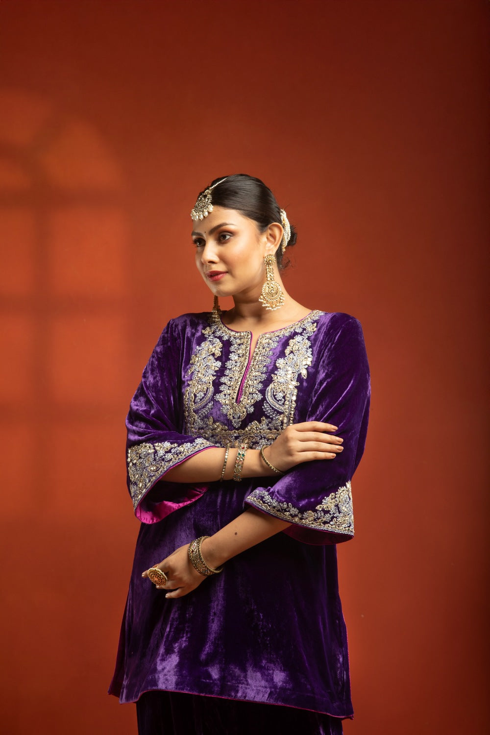 Purple Embroidered Short Kurta with Dhoti Salwar & Printed Dupatta