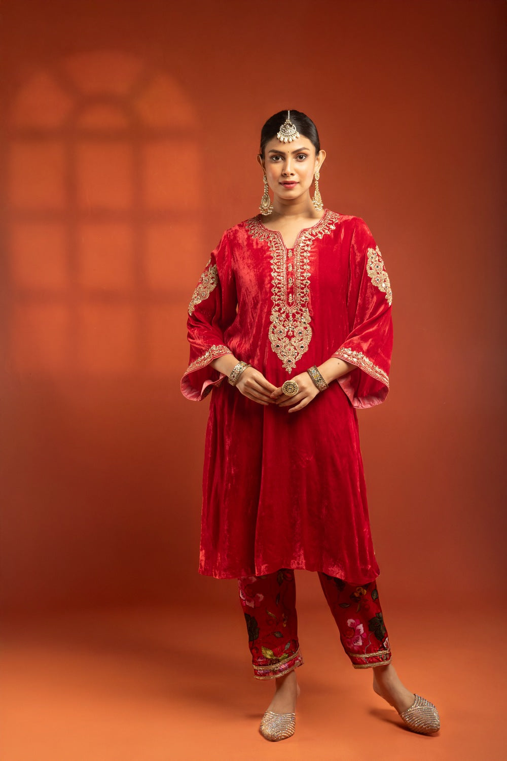 Red Silk Velvet Embroidered Kurta with Printed Salwar Pants & Dupatta