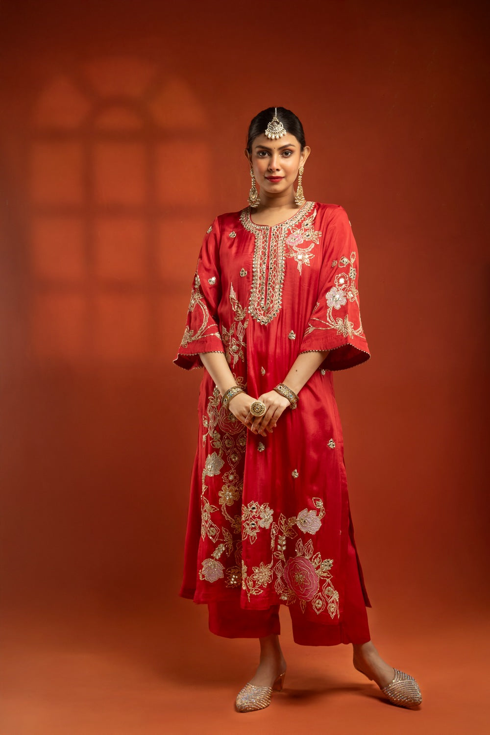 Red Embroidered Kurta with Pants & Net Dupatta