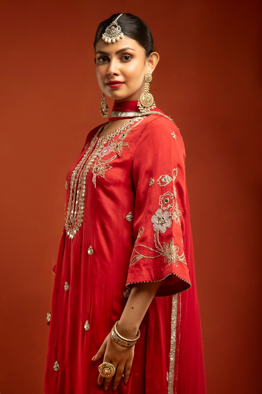 Red Embroidered Kurta with Pants & Net Dupatta