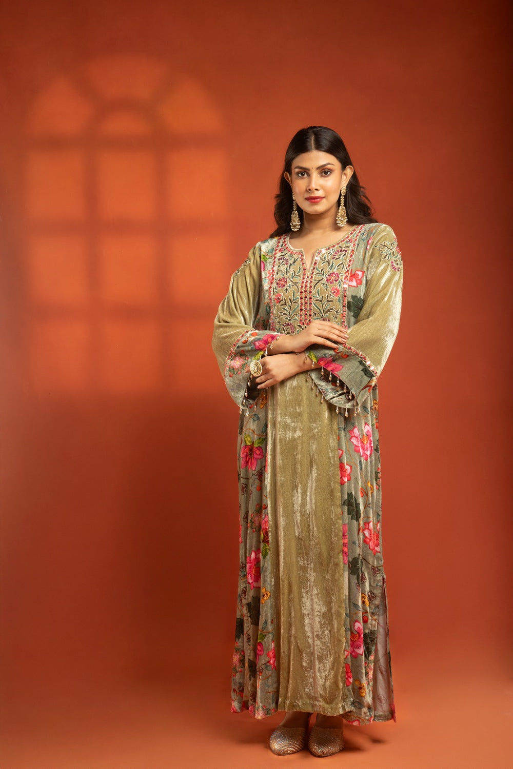 Green Side Panel Printed Embroidered Long Kurta Dress with Churidar