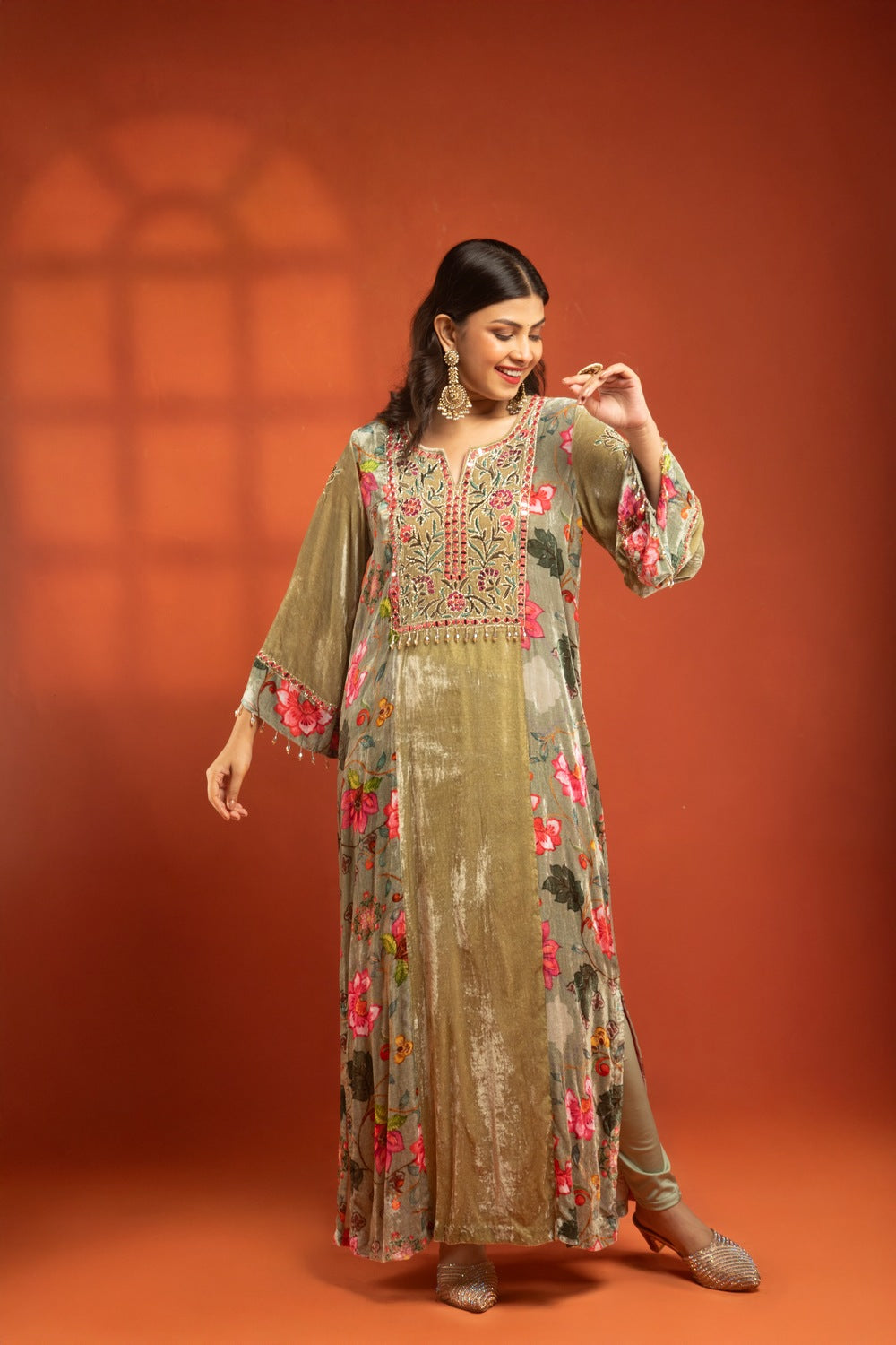 Green Side Panel Printed Embroidered Long Kurta Dress with Churidar