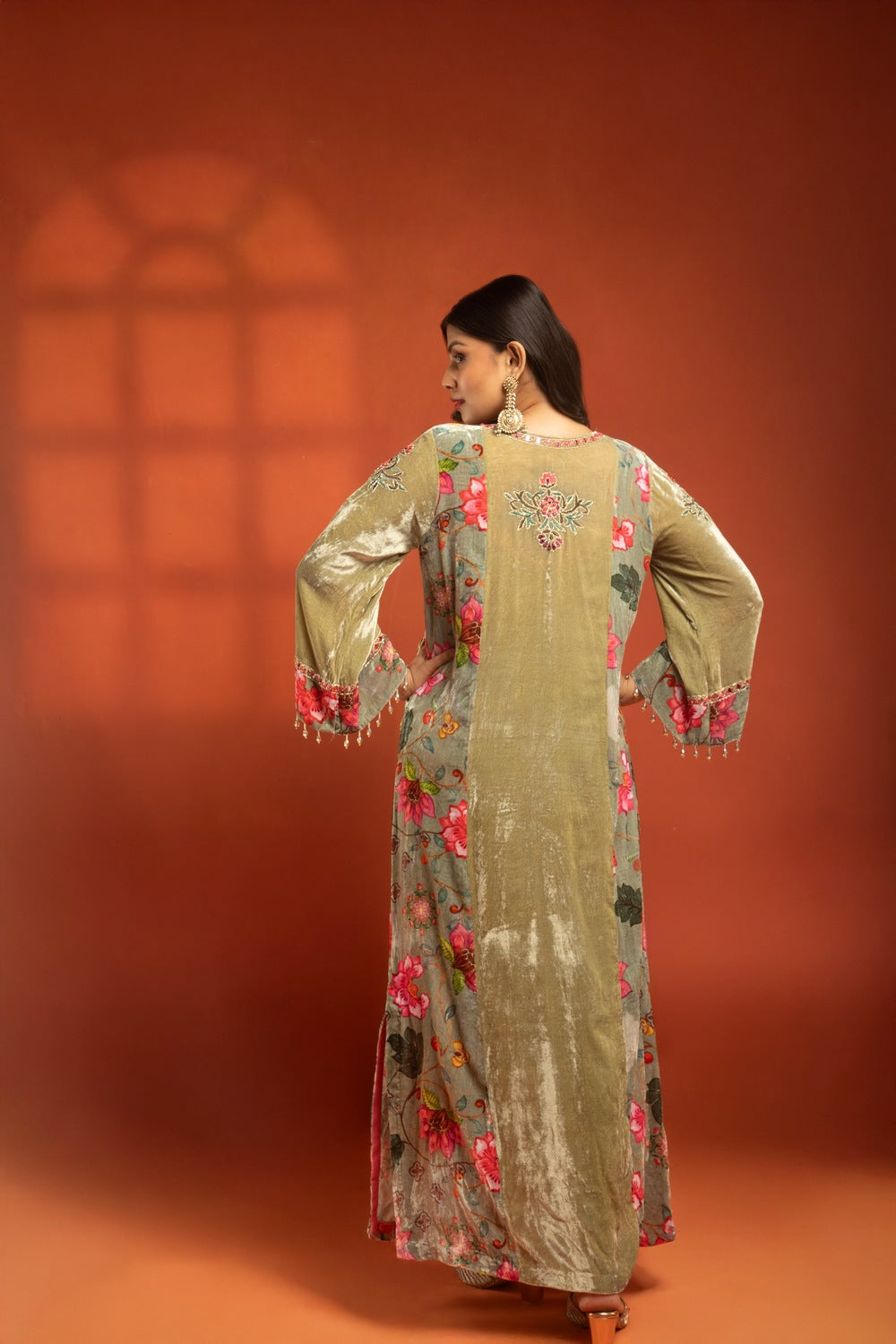 Green Side Panel Printed Embroidered Long Kurta Dress with Churidar