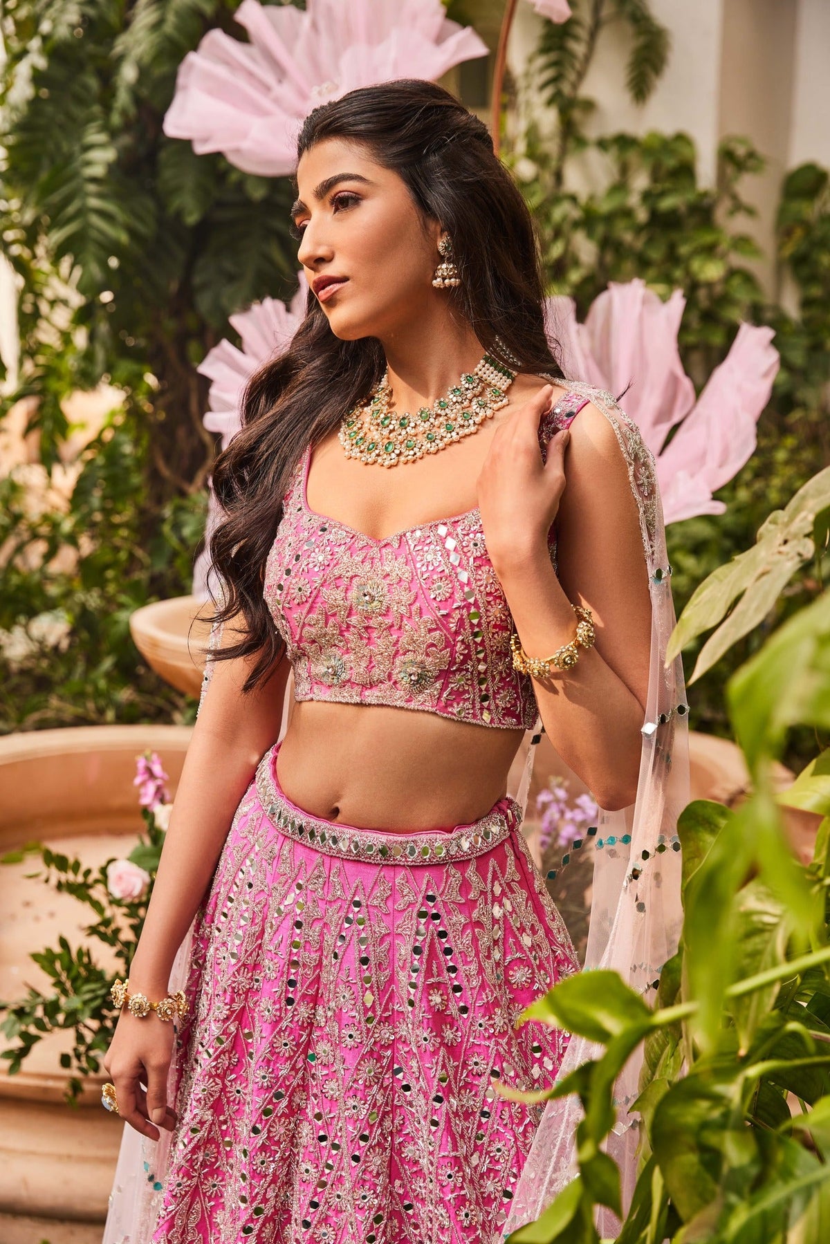 mirror work silk lehenga