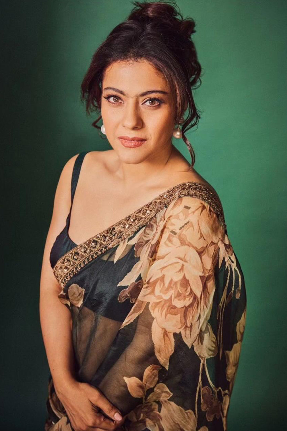 Kajol in Bottle Green Floral Saree Set