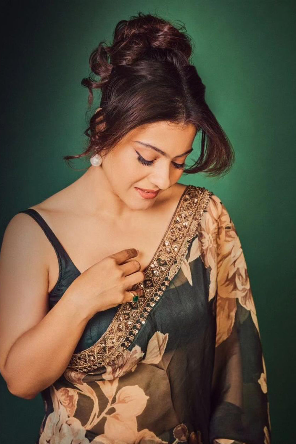 Kajol in Bottle Green Floral Saree Set
