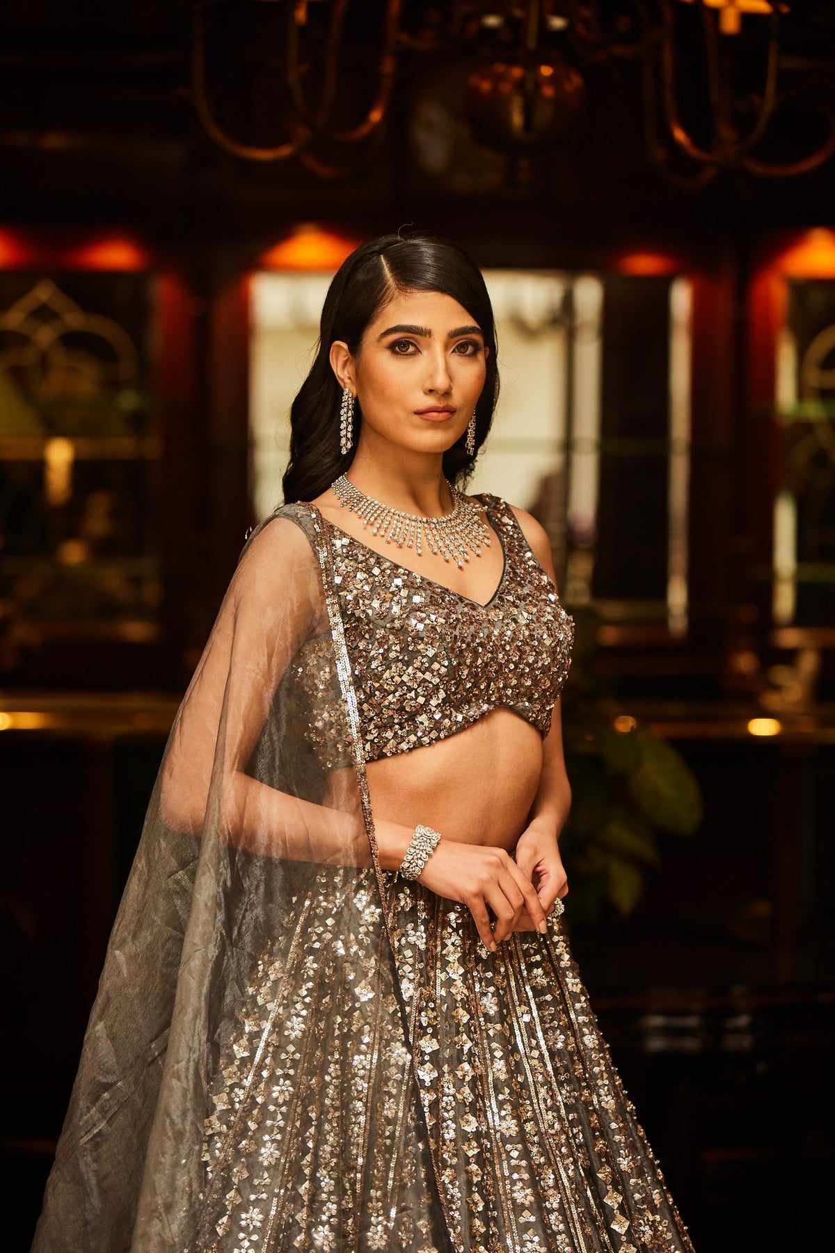surabhi chopra label silver lehenga