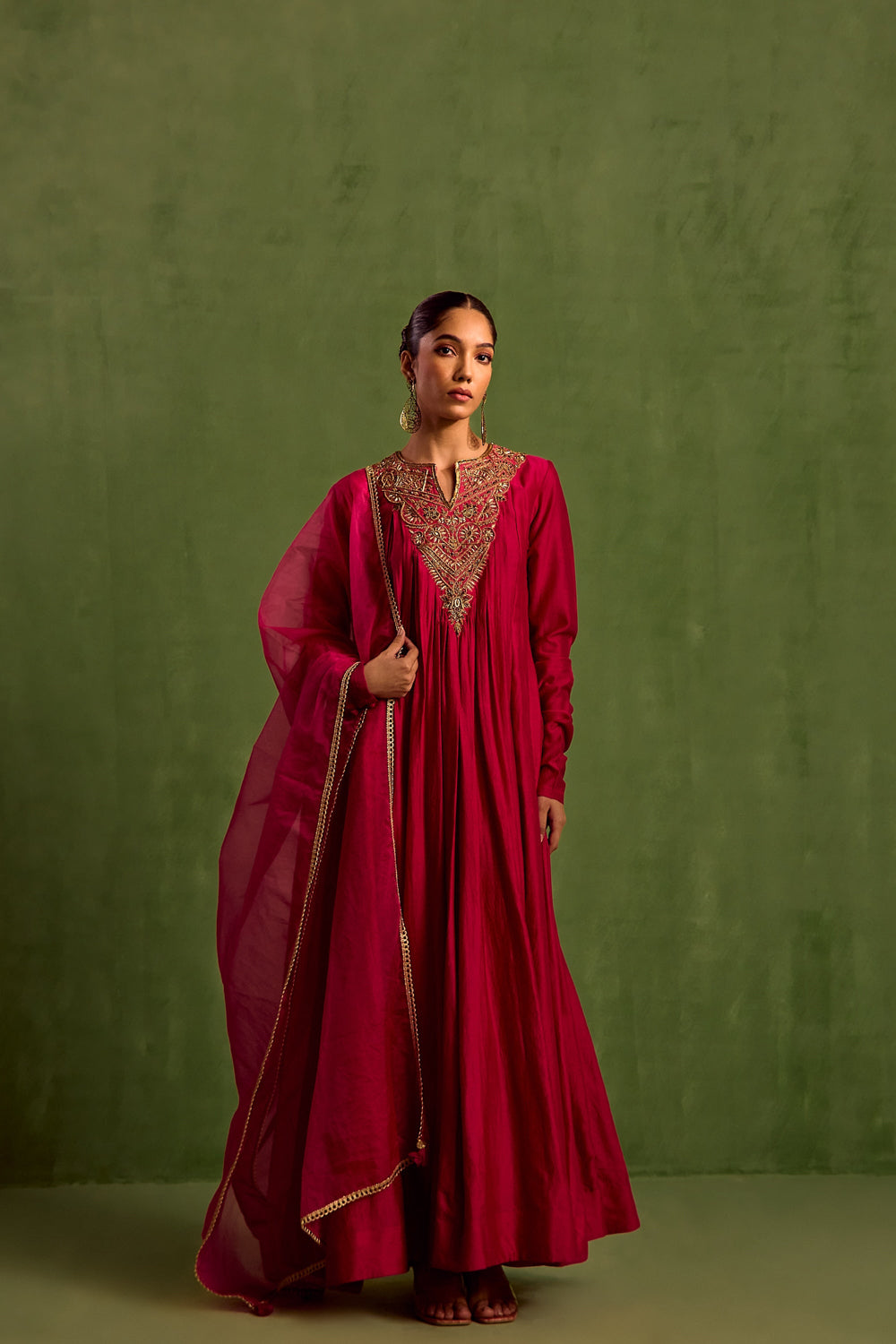 Pink Chanderi Silk Embroidery Dabka Notched Hand Yoke Anarkali With Dupatta