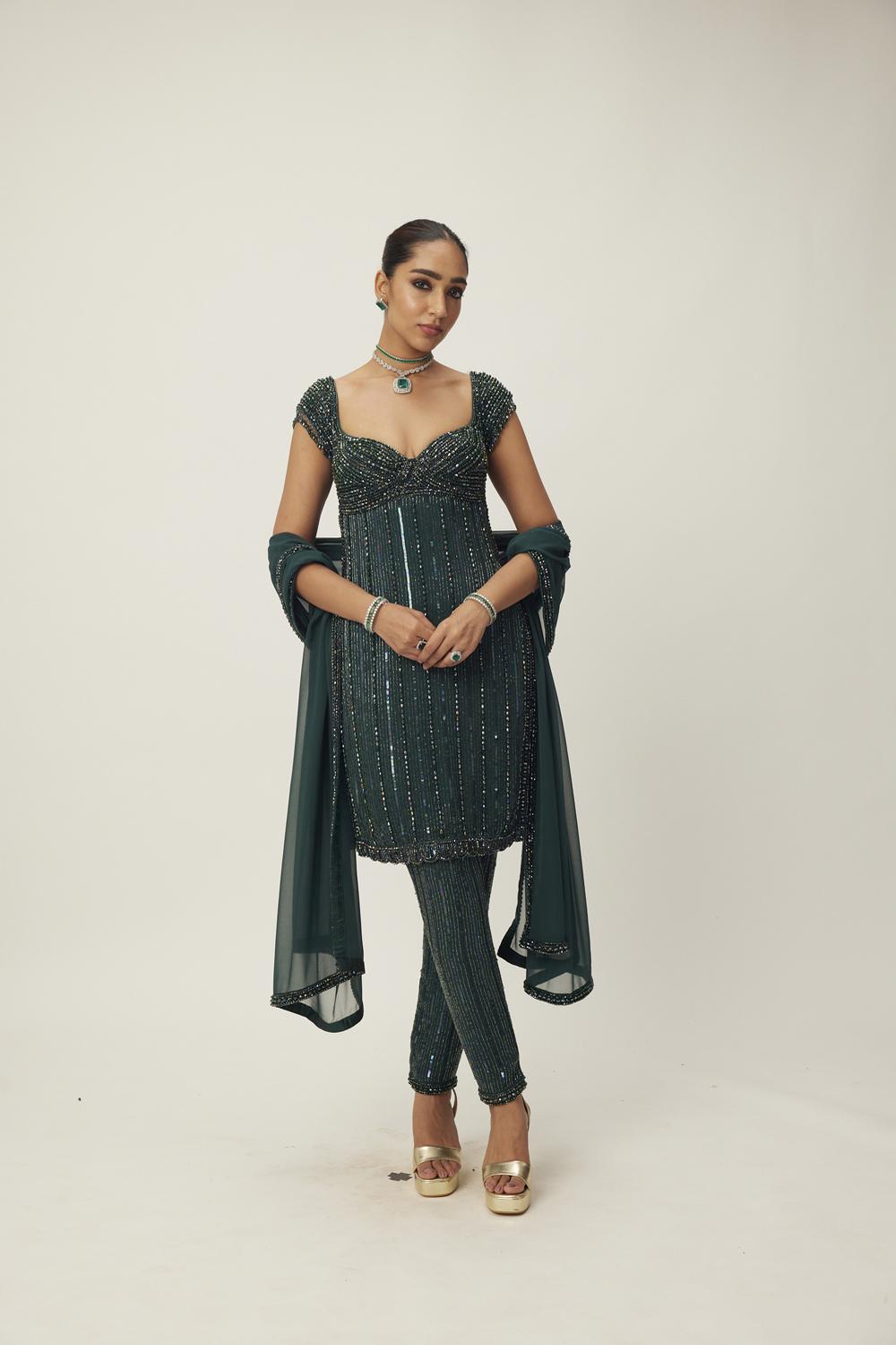 Dark Jade Green Crystal Embellished Kurta Set