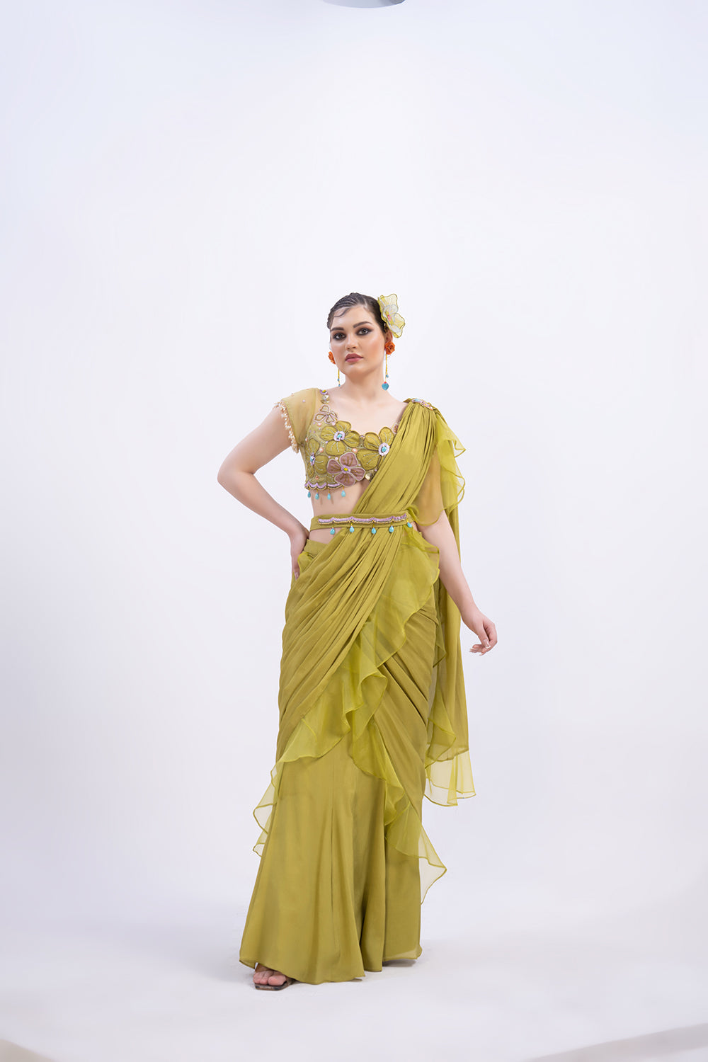 Lime Green ruffle saree