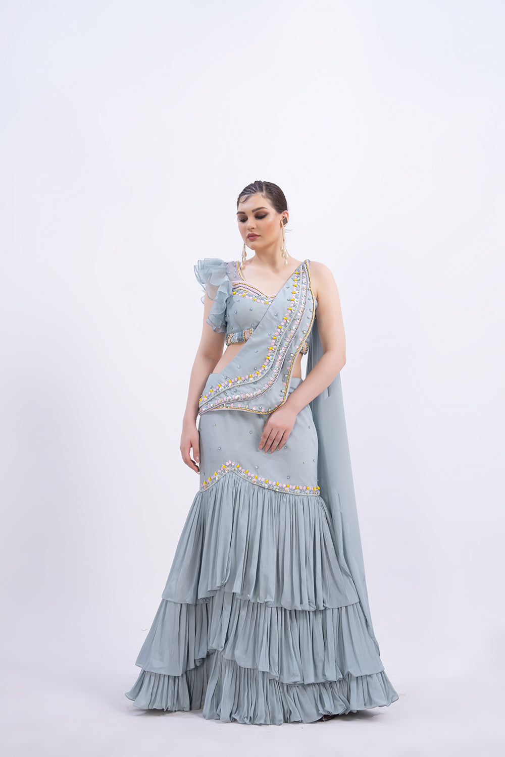 Powder blue ruffle saree