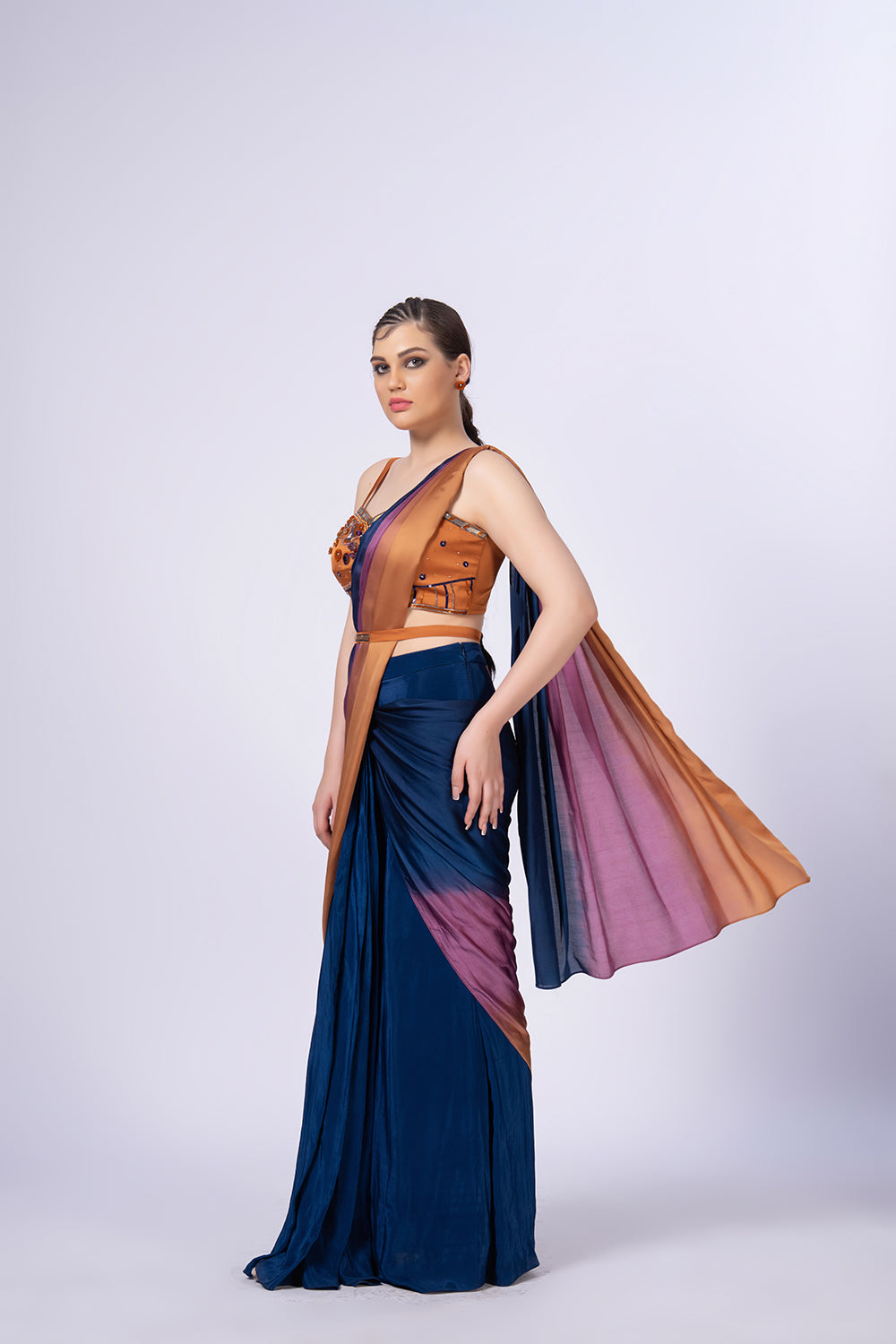Tri colour ombre effect Pre-stitched Saree set