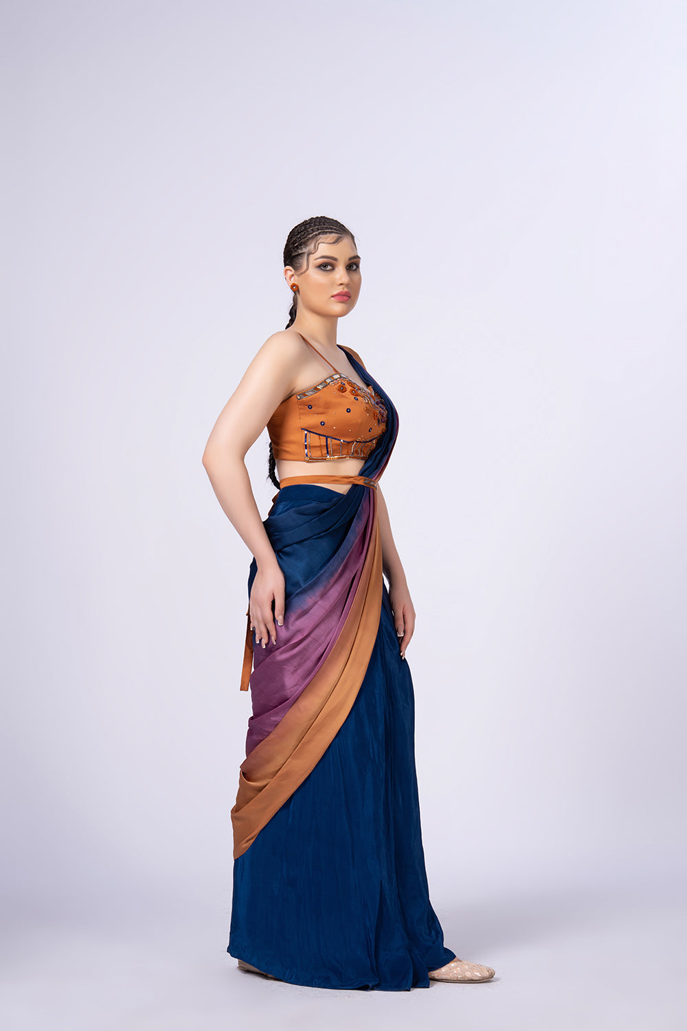 Tri colour ombre effect Pre-stitched Saree set