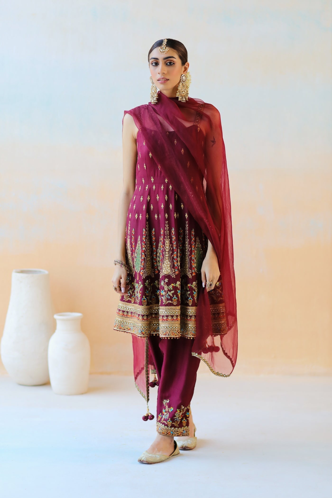 Burgundy Anarkali Set with Dhoti