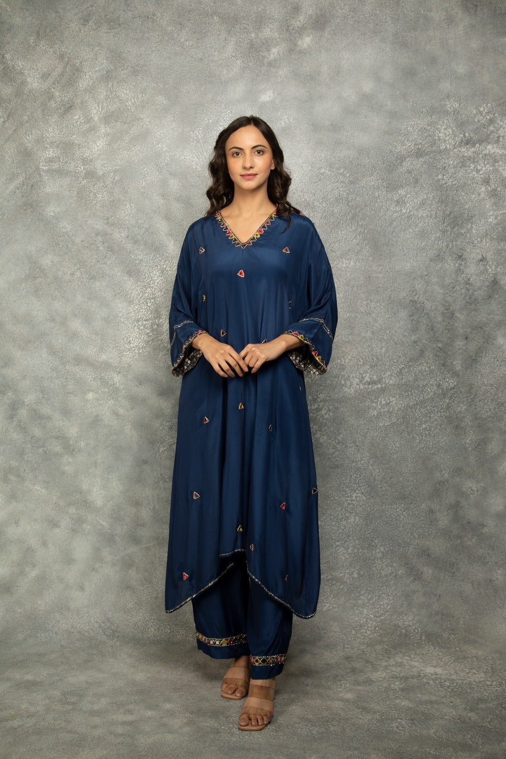 Blue High Low Low Mirror Work Kaftaan Set