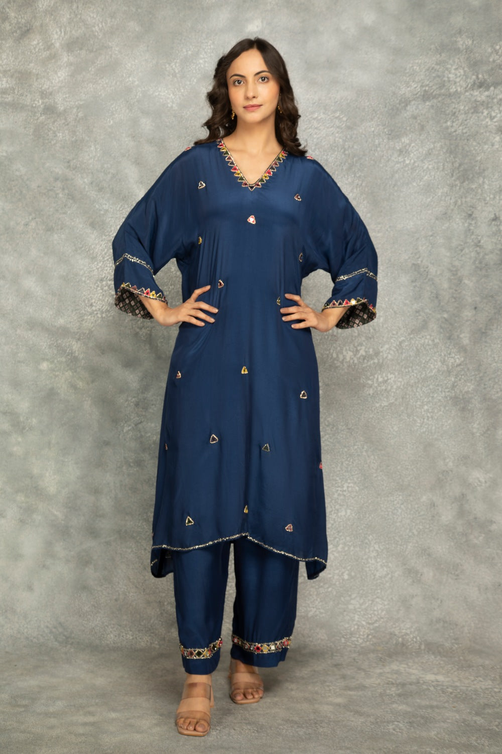 Blue High Low Low Mirror Work Kaftaan Set