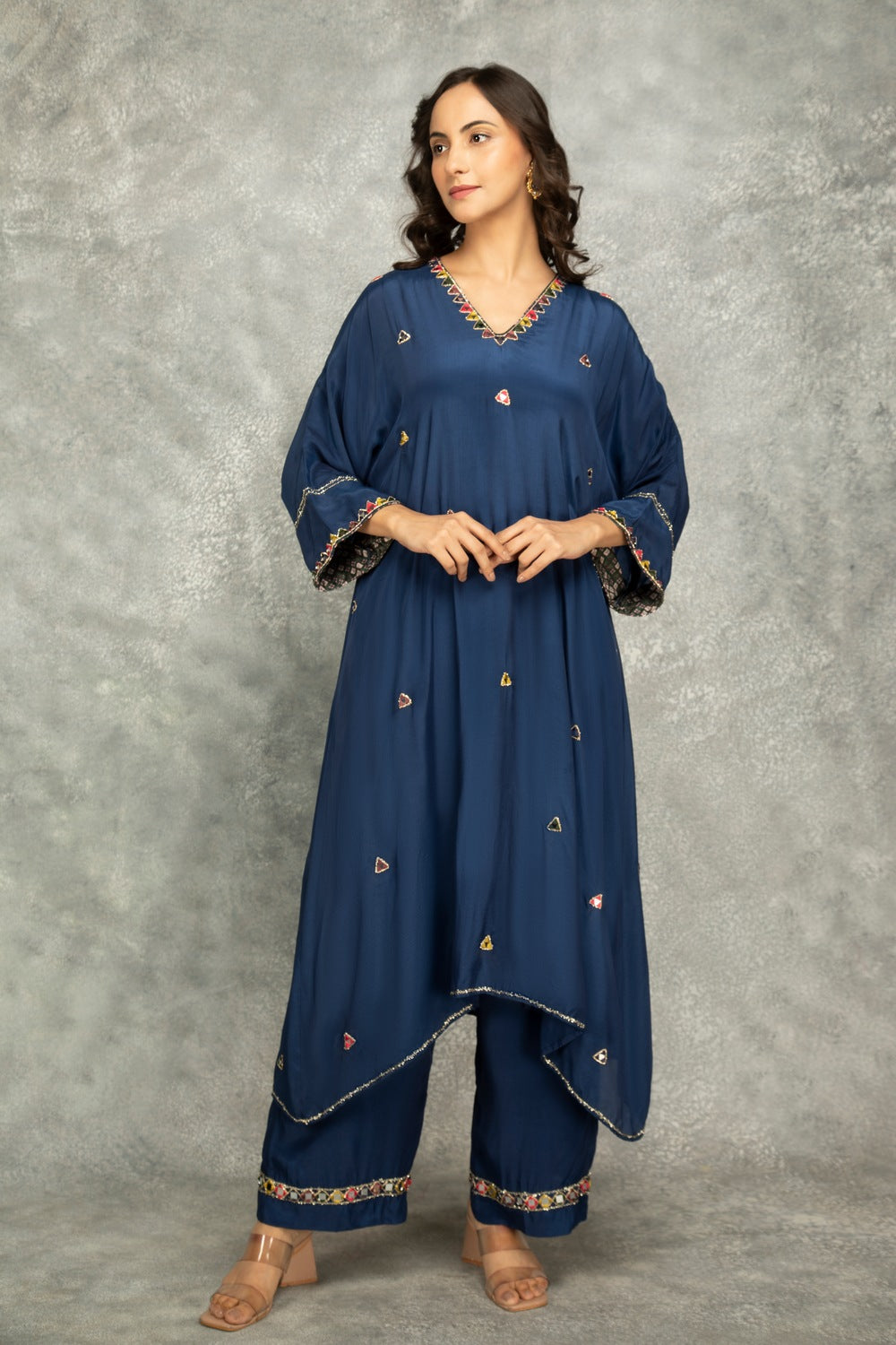 Blue High Low Low Mirror Work Kaftaan Set