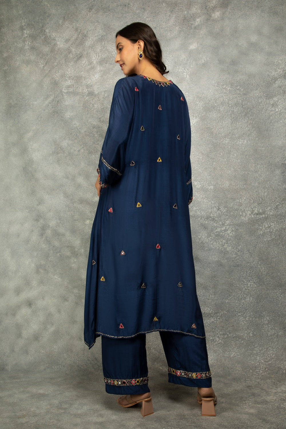 Blue High Low Low Mirror Work Kaftaan Set