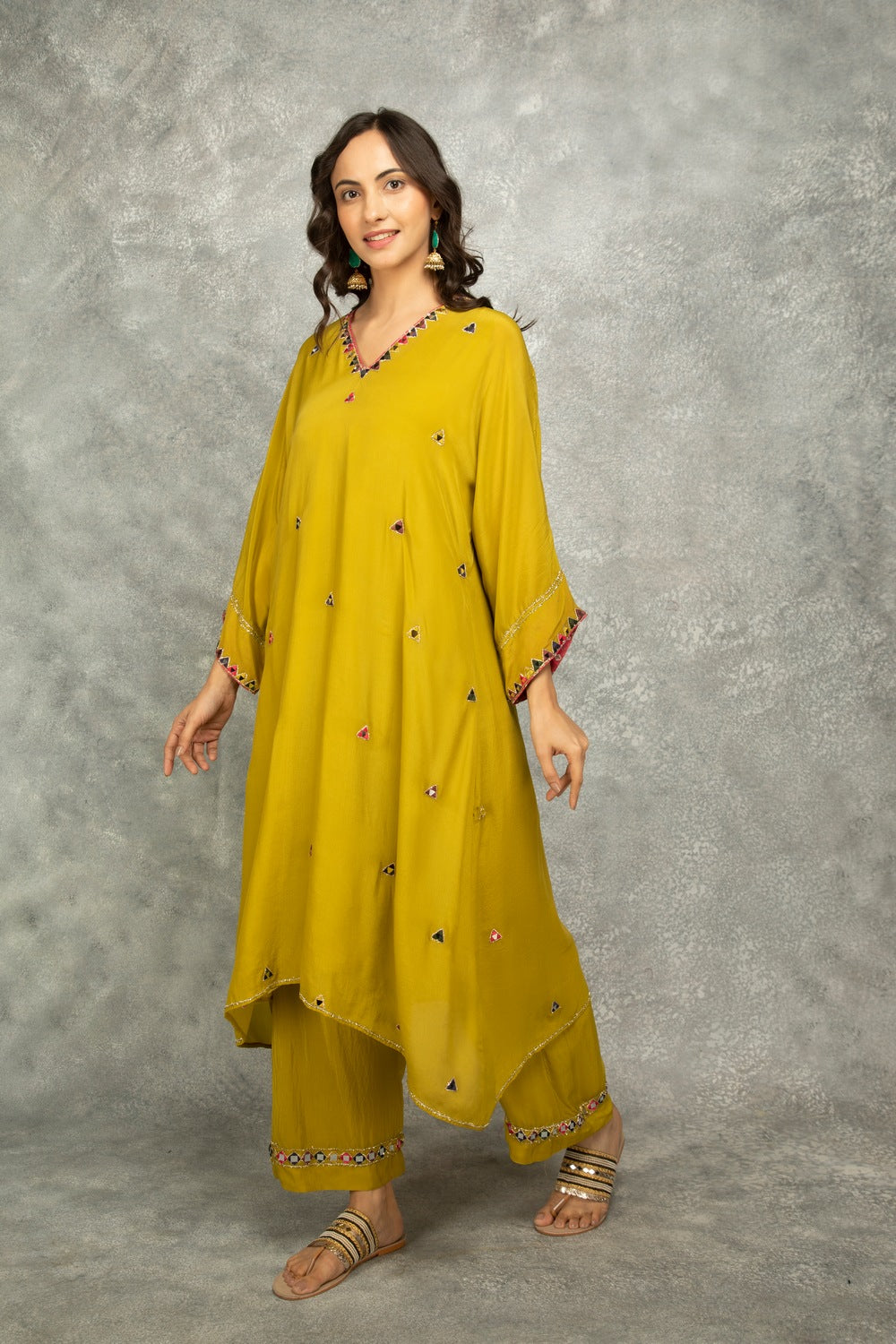 Mustard Green High Low Low Mirror Work Kaftaan Set