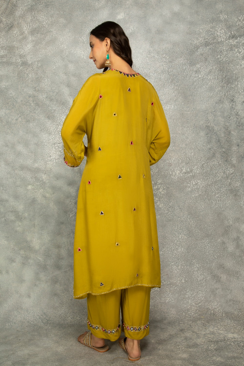 Mustard Green High Low Low Mirror Work Kaftaan Set