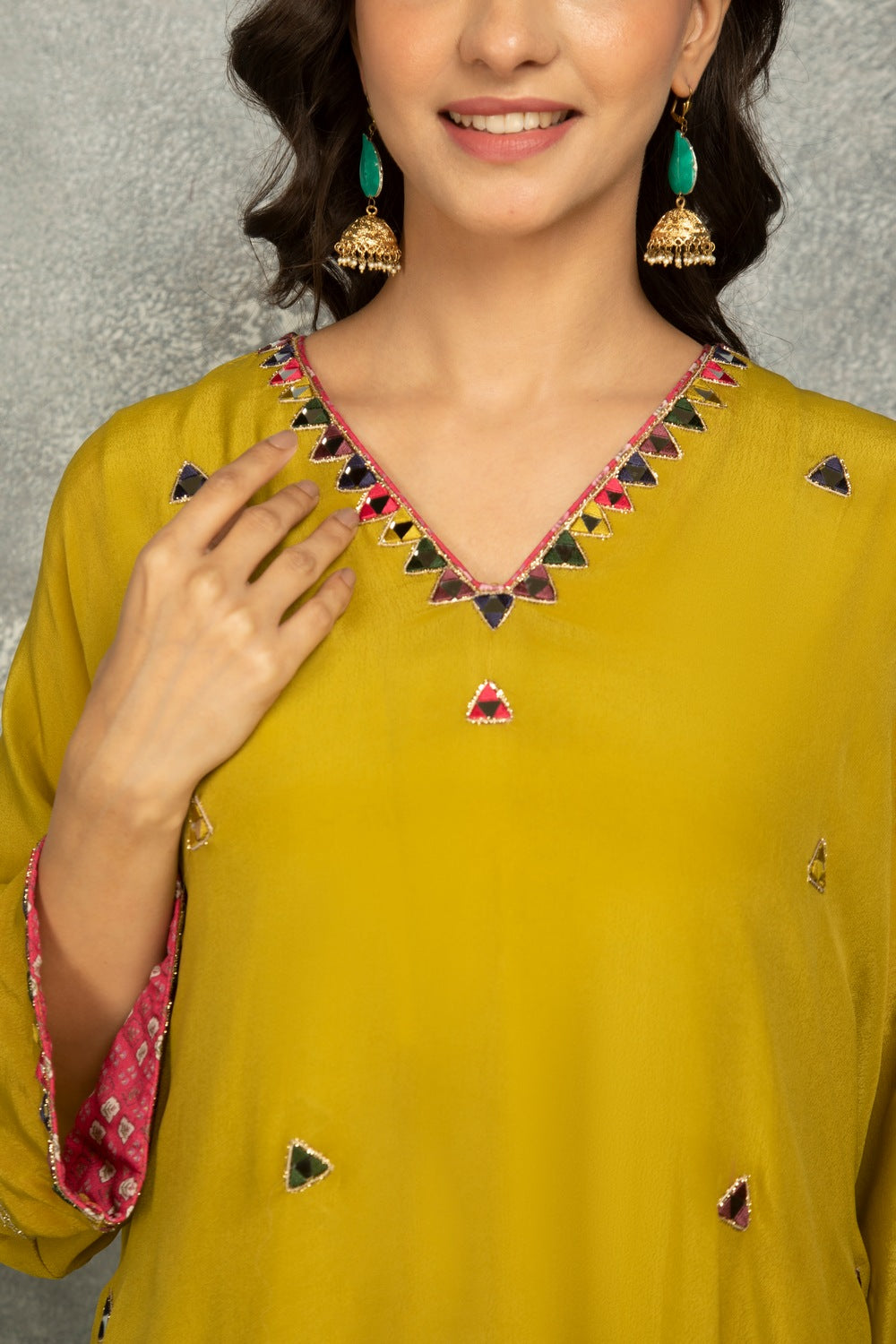 Mustard Green High Low Low Mirror Work Kaftaan Set