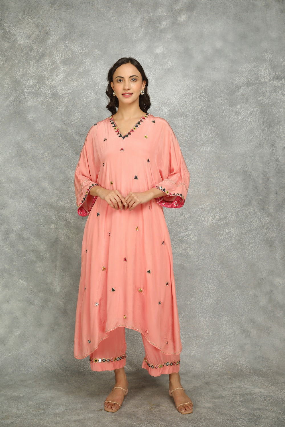 Peach High Low Low Mirror Work Kaftaan Set