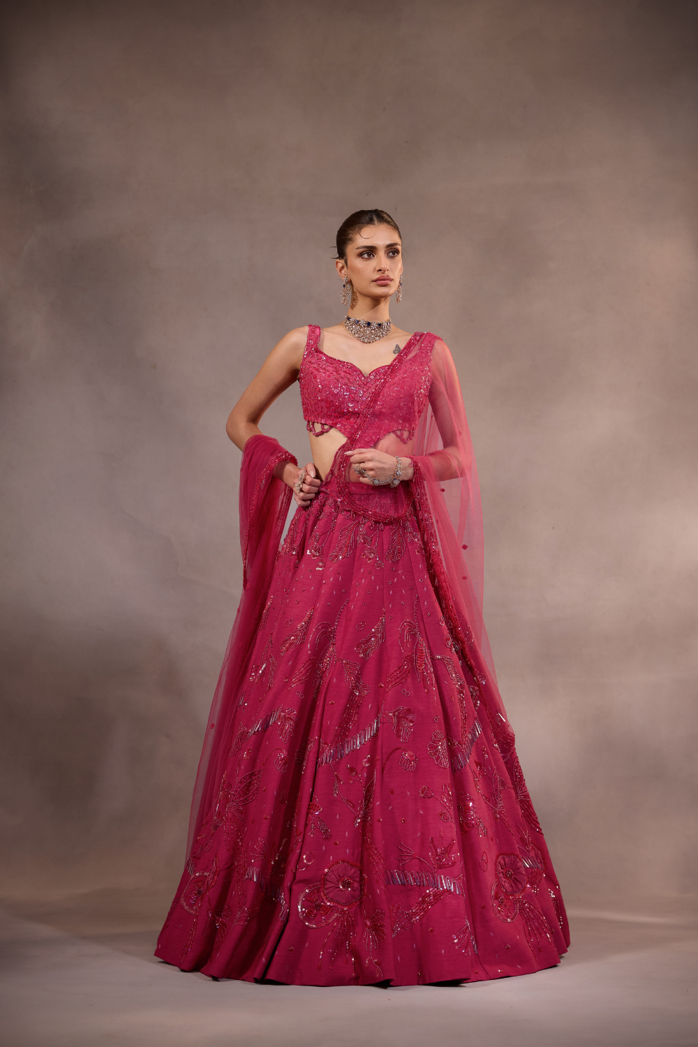 Cherry Pink Embroidered Lehenga Set of 3